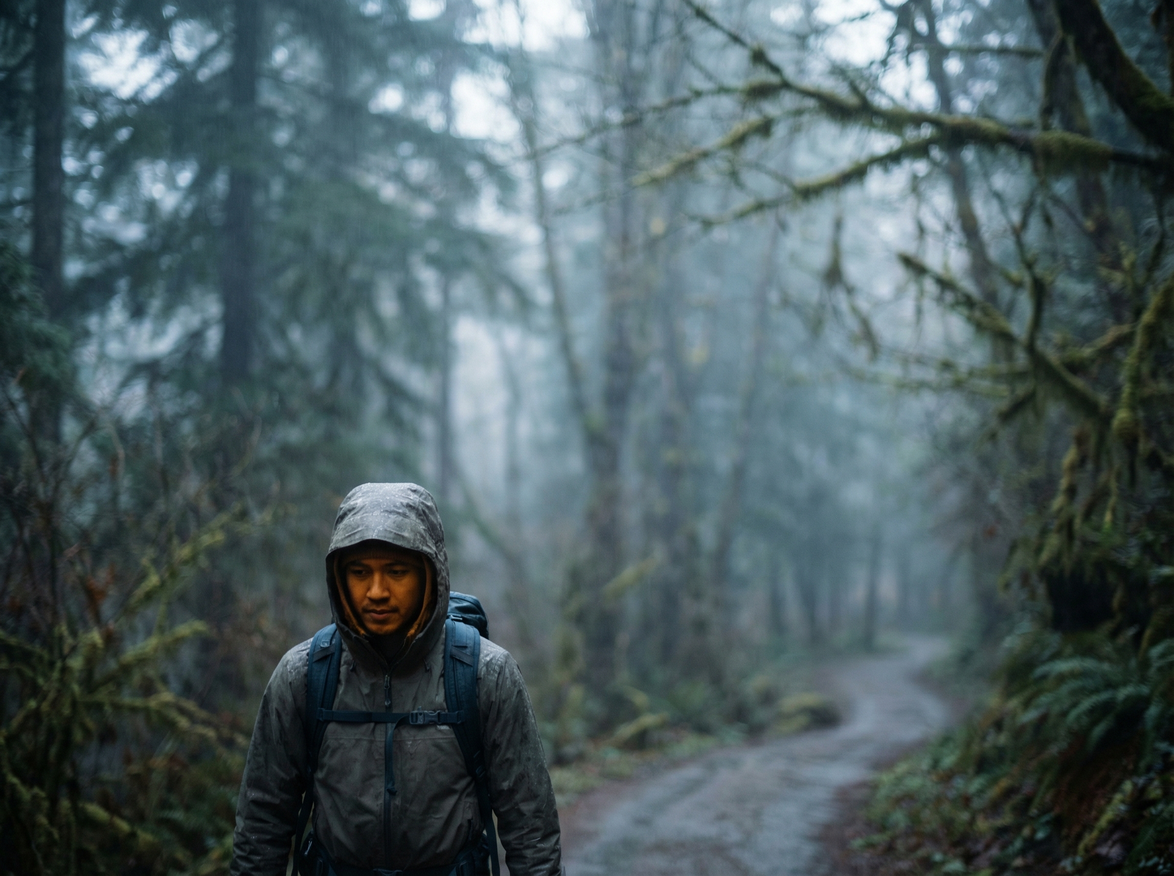 Moody Pacific Northwest forest scene with shallow depth of field