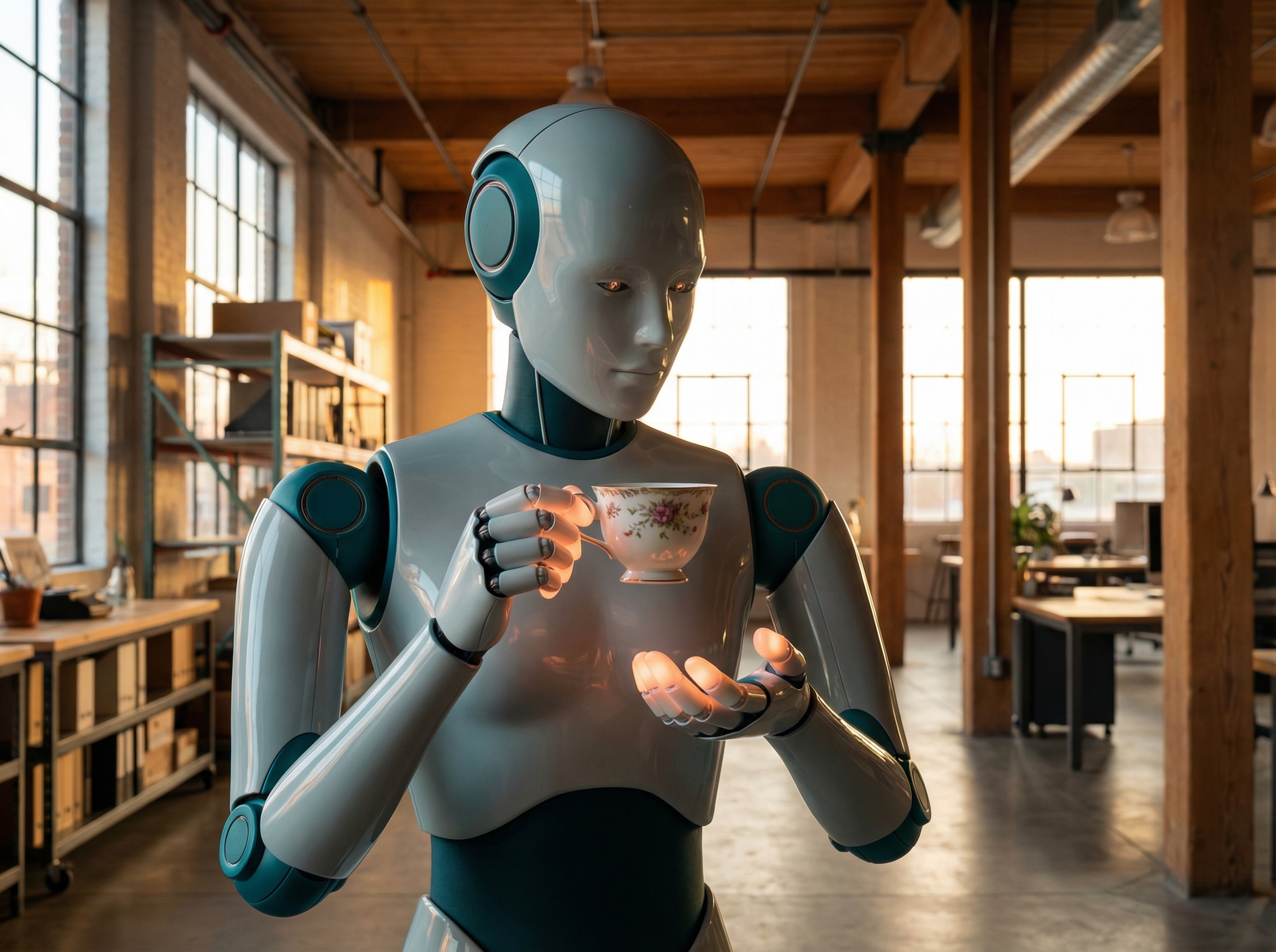 A humanoid robot gently holding a fragile porcelain teacup with glowing tactile sensor fingertips