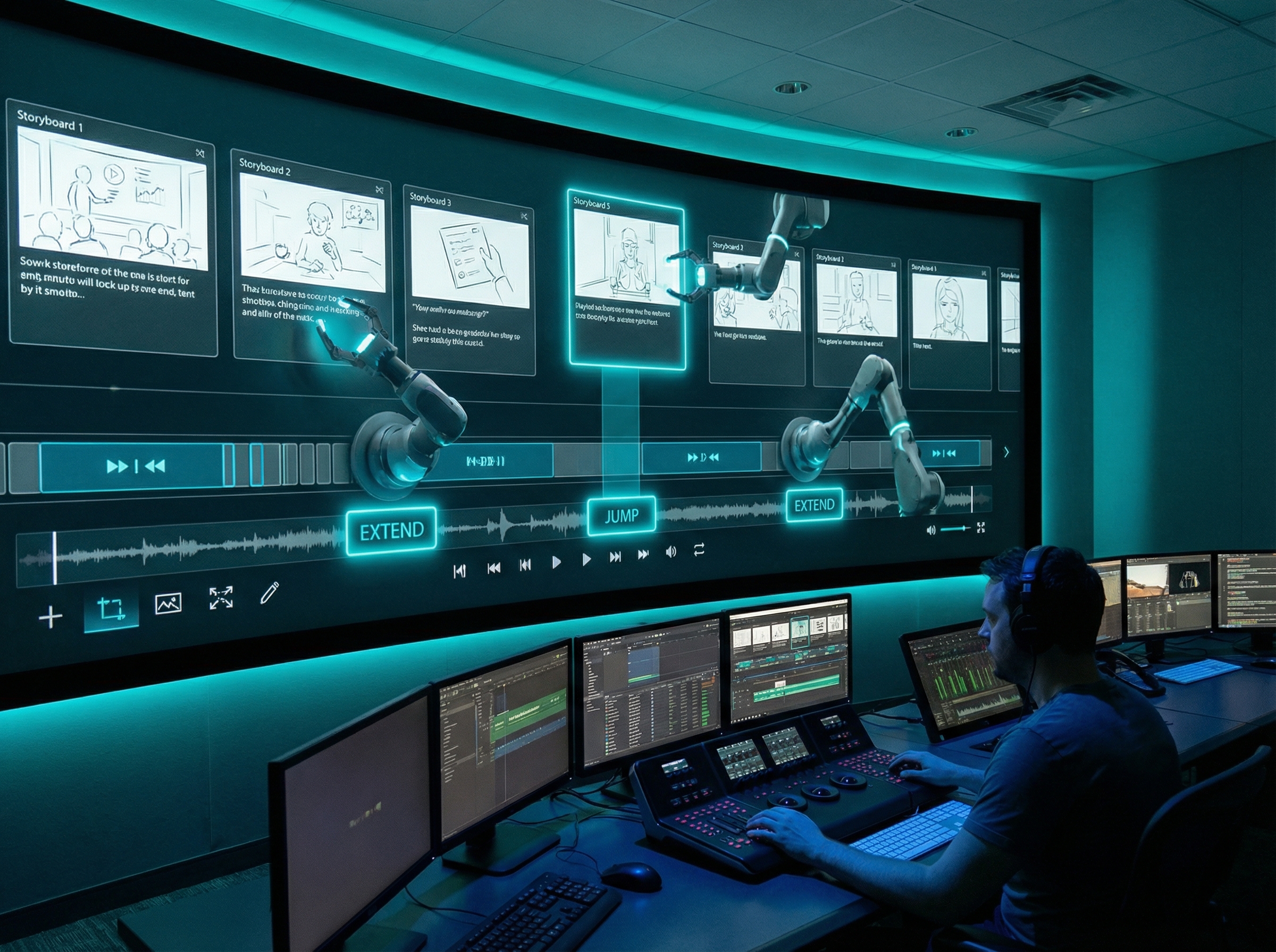 Storyboard panels being assembled by robotic arms into a coherent narrative
