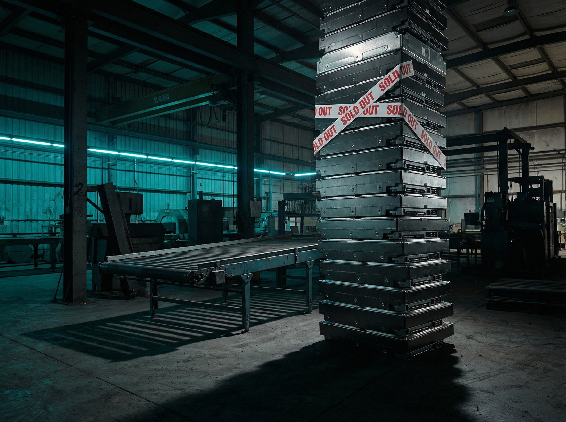 Factory production line with holographic SOLD OUT signs above hard drive manufacturing