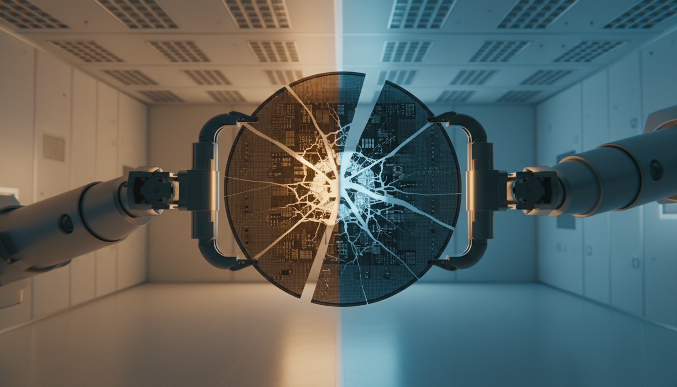 Semiconductor wafer held by robotic arm in cleanroom, half cracked and fractured with split lighting
