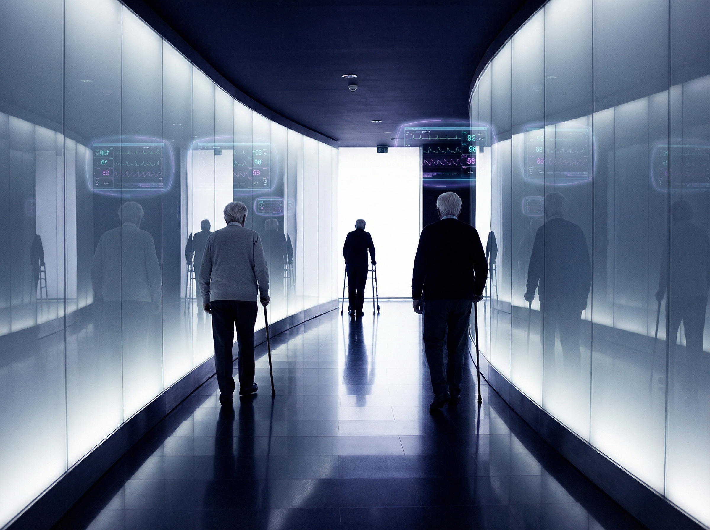 Silver-haired figures walking through luminous corridor with medical monitoring displays floating like halos