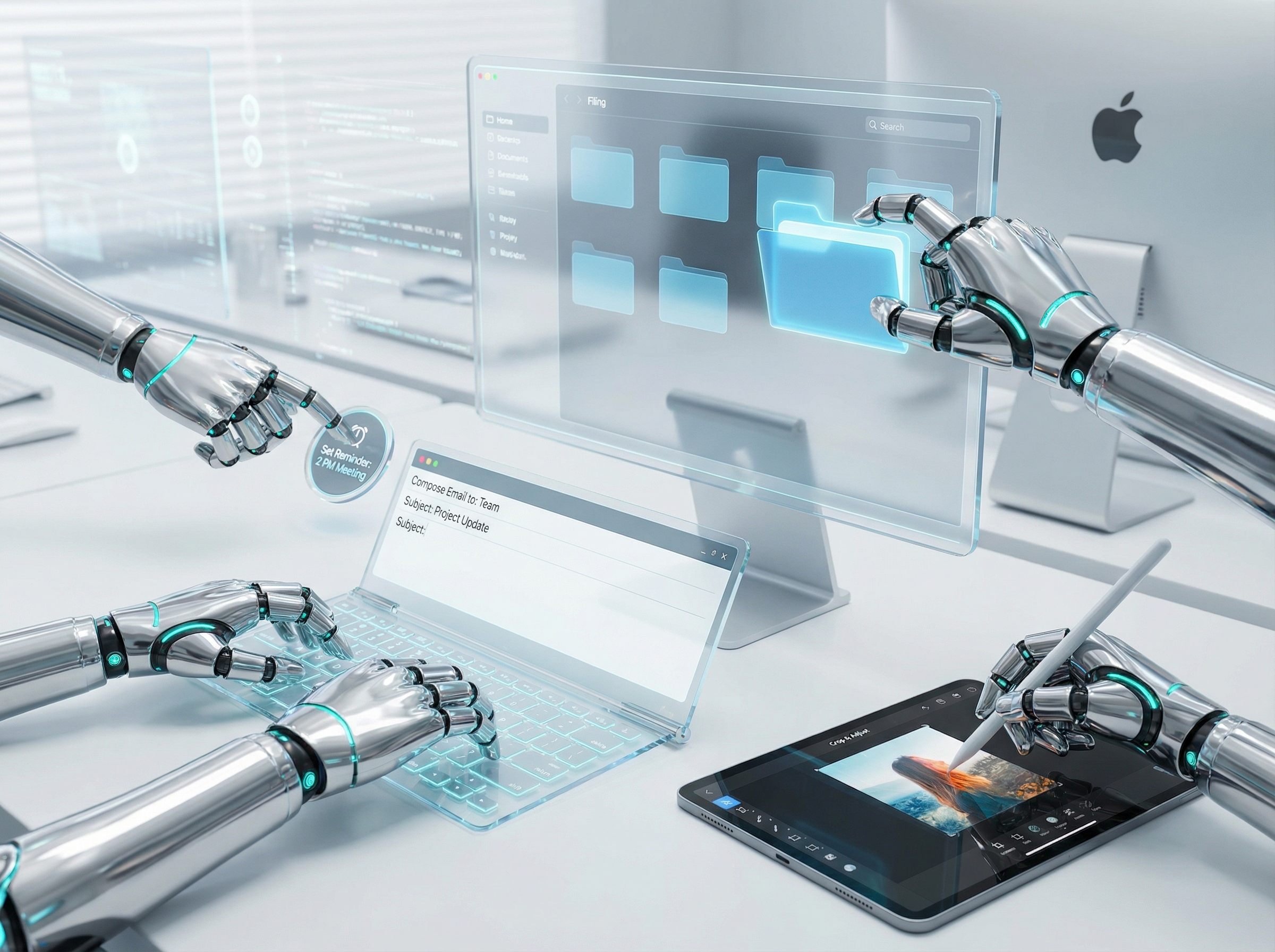 Robotic hands performing multiple productivity tasks simultaneously