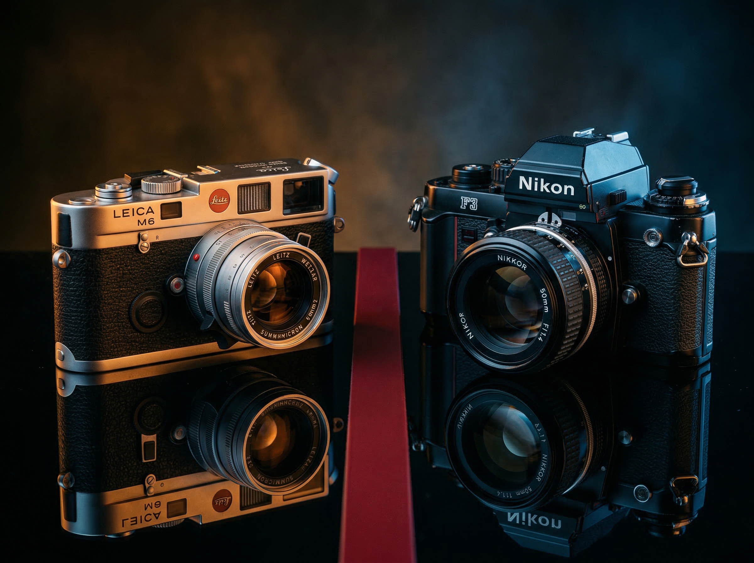 A German rangefinder camera and a Japanese SLR camera facing each other on a reflective surface like chess pieces, split lighting creating competitive tension