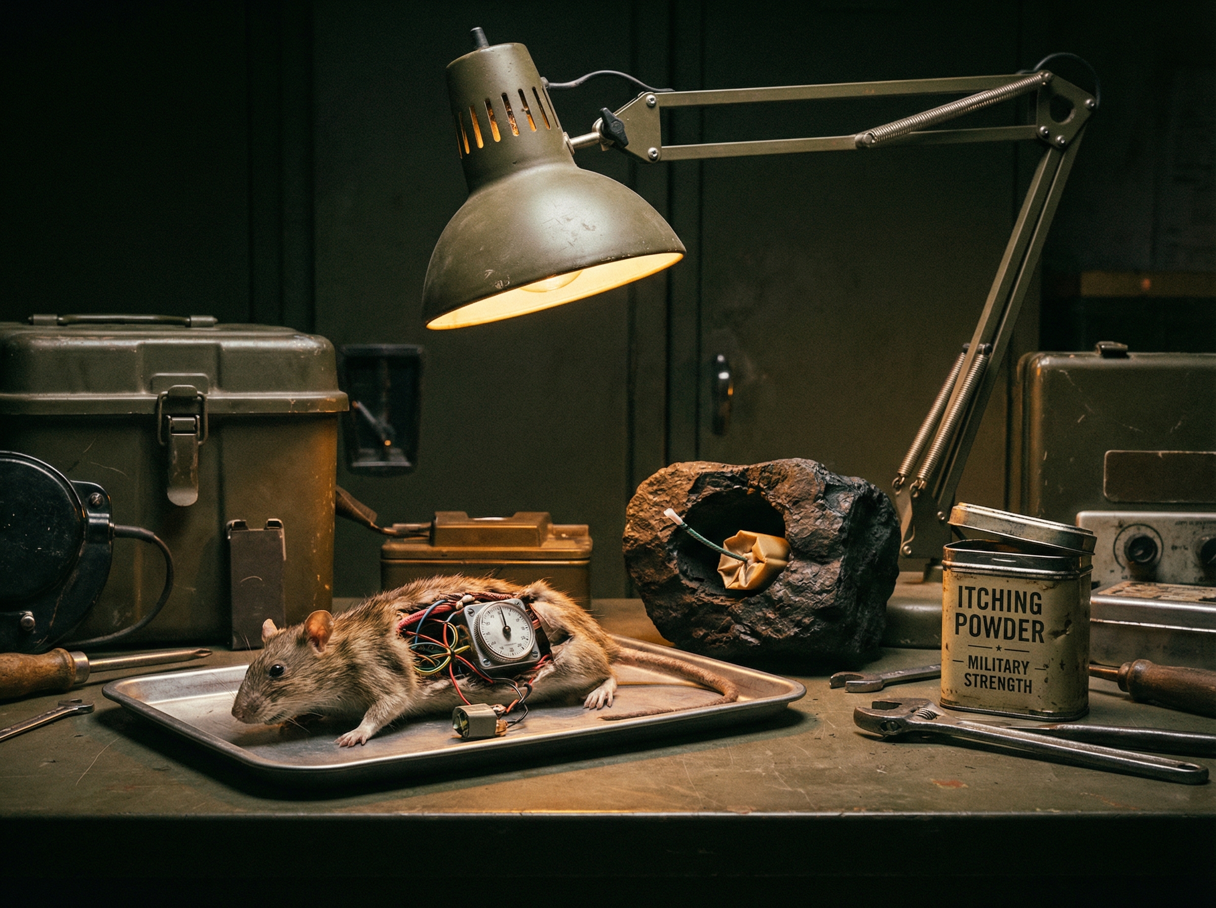 Secret workshop bench with bizarre spy gadgets — exploding rat, hollowed coal, and itching powder tins under a bright workshop lamp