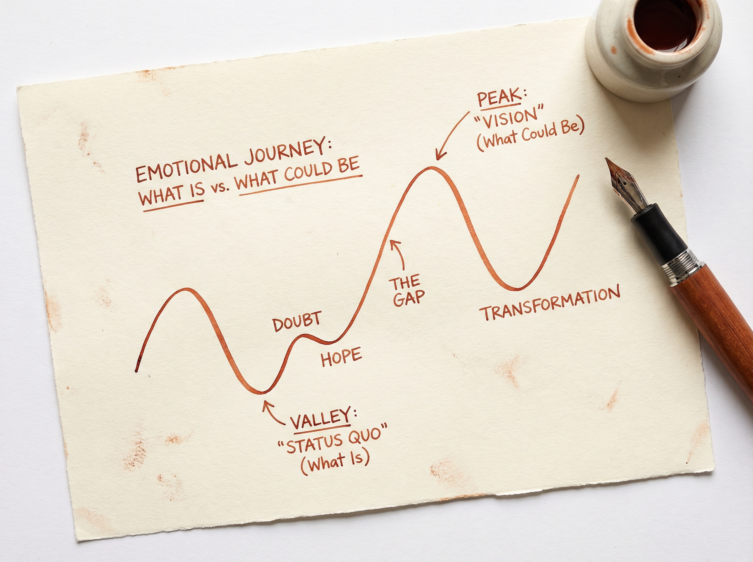 Hand-drawn sparkline chart showing the emotional journey of what is versus what could be, with annotations