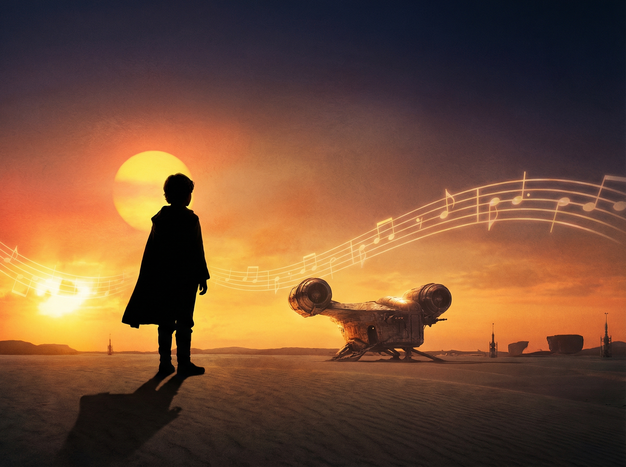 Binary sunset on a desert planet with a lone silhouette gazing into the distance