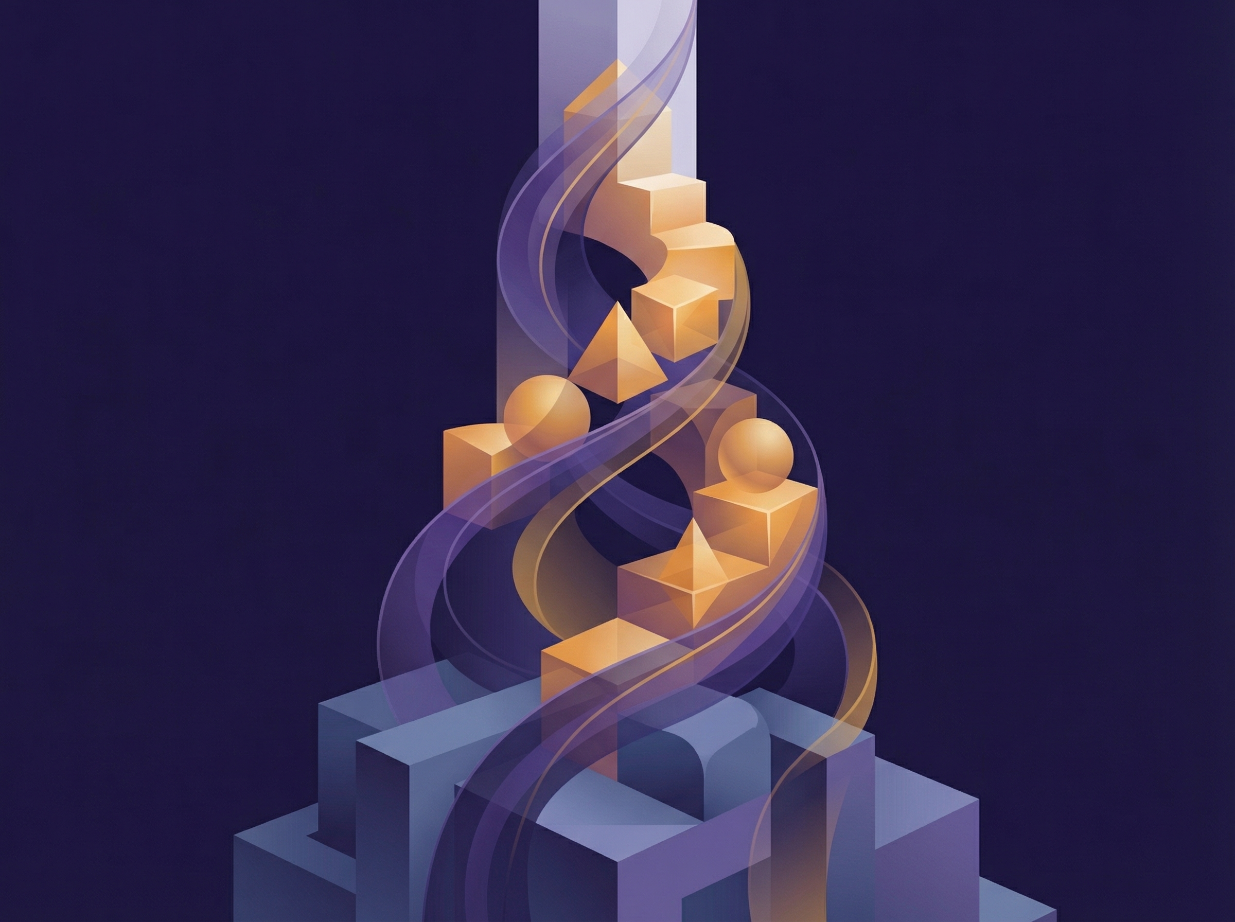 Abstract visualization of trust built through action - foundation blocks rising with narrative ribbons