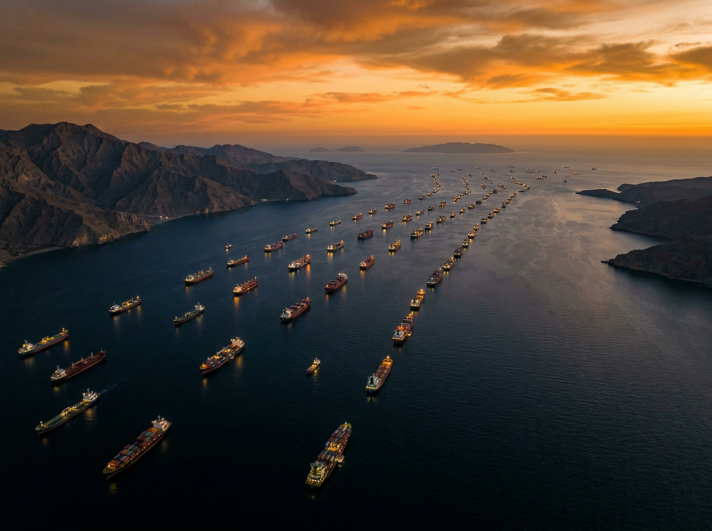 Aerial view of container ships anchored in a long queue at the Strait of Hormuz at twilight