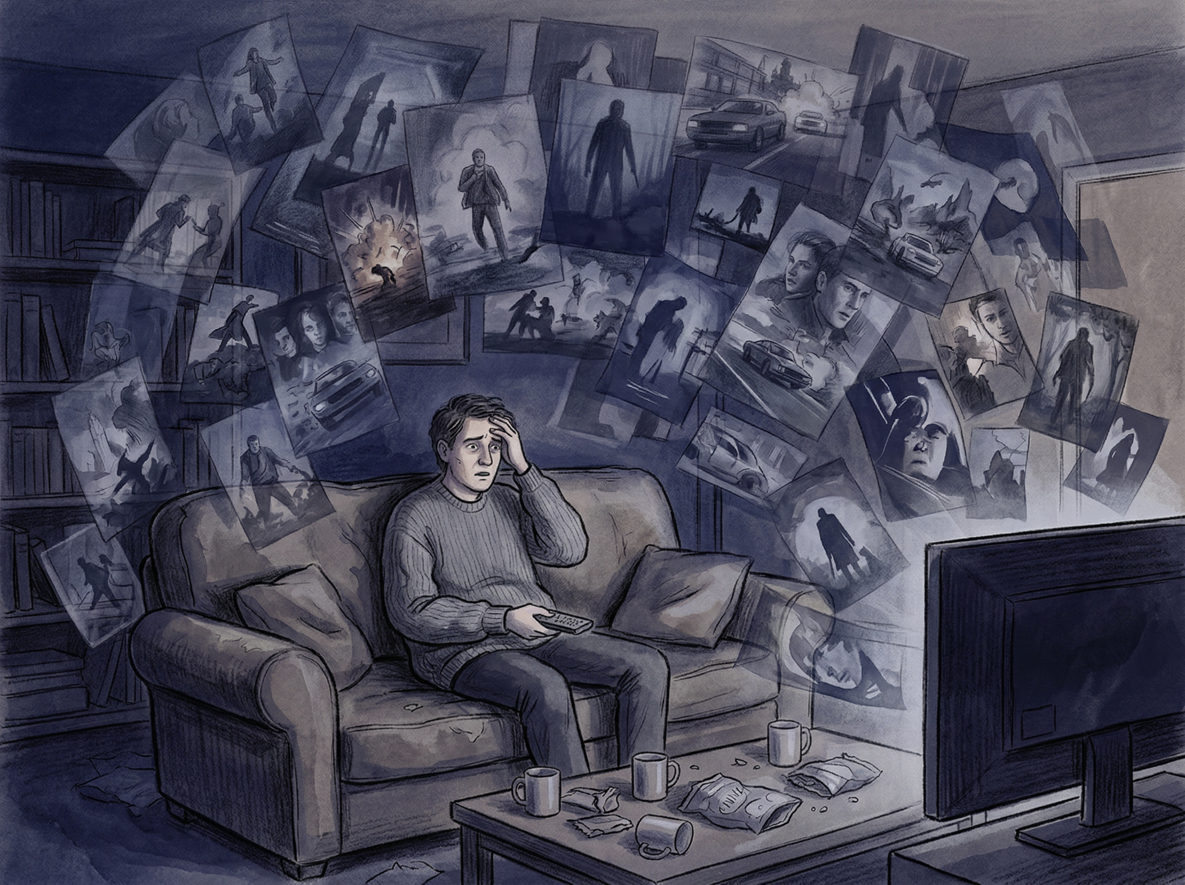 A person on a couch surrounded by dozens of ghostly transparent fading movie posters overlapping, representing plot interference from binge-watching