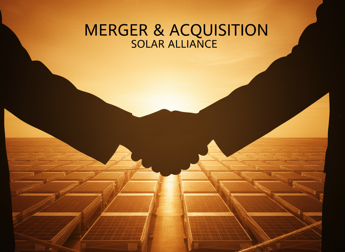 Business handshake silhouette with solar panel warehouse in background