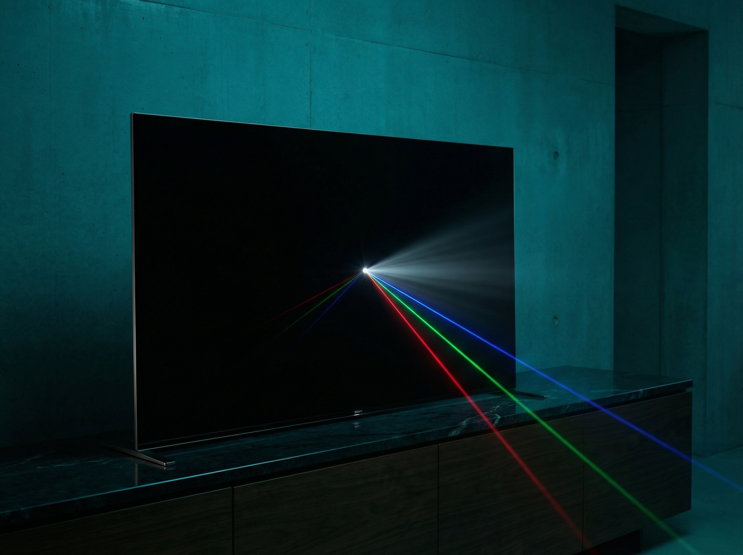 An impossibly bright television cutting through darkness, rays of light casting dramatic shadows