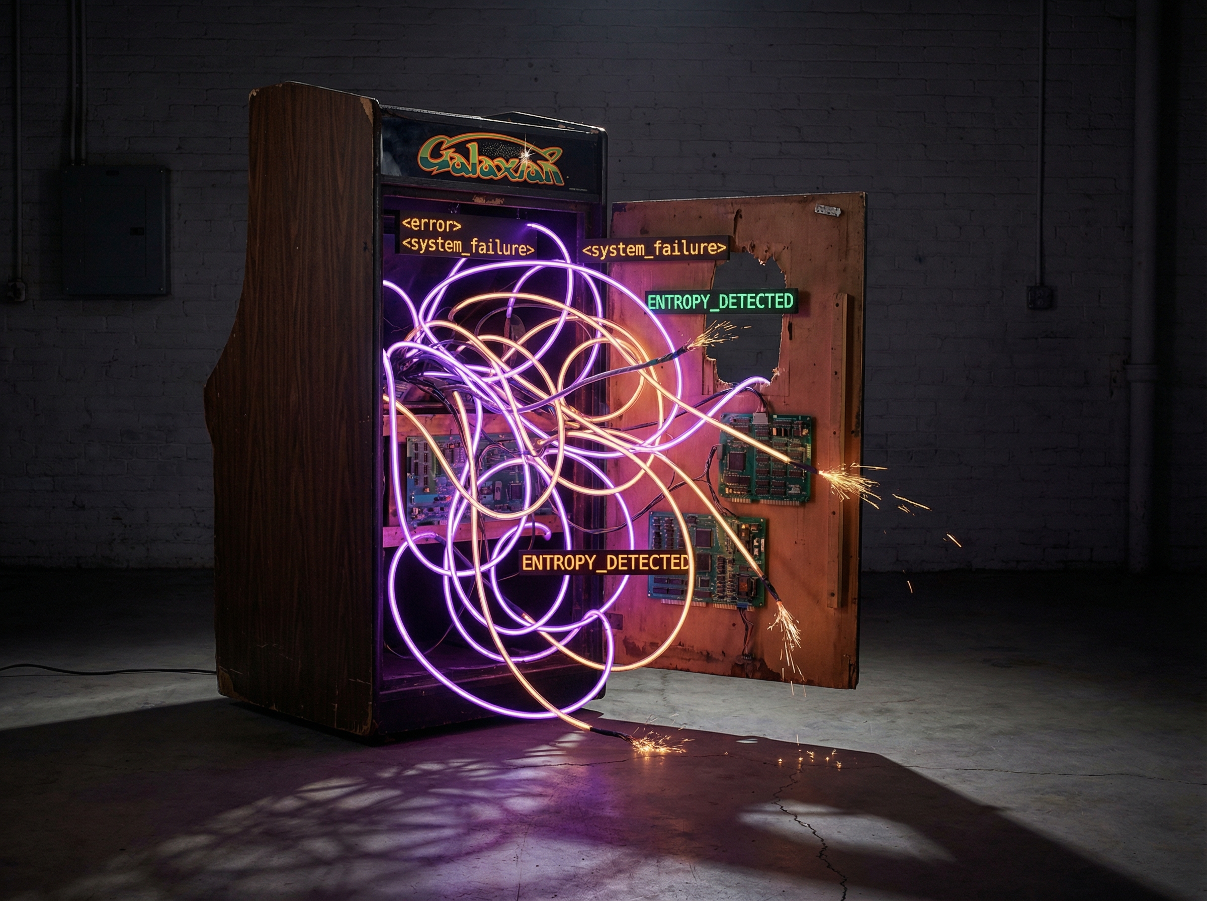 Tangled glowing neon wires emerging from an arcade cabinet, code strings visible in the chaos