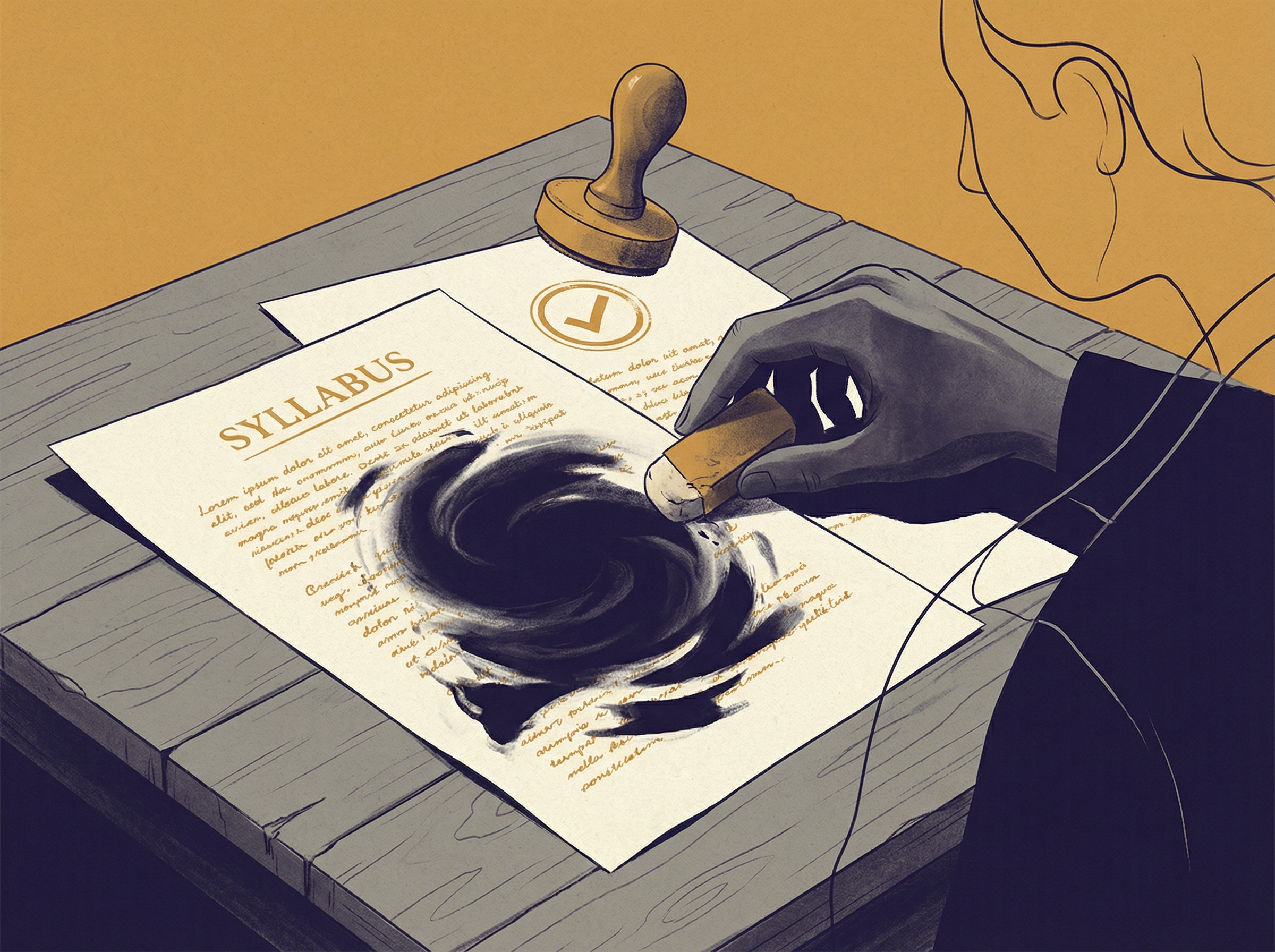 Editorial illustration of a syllabus being erased, revealing void beneath, with an approval stamp hovering nearby