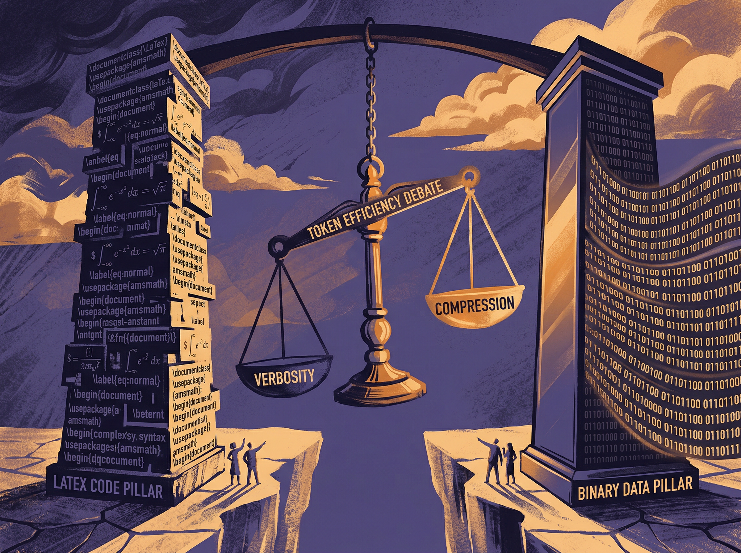 Two pillars of LaTeX code and compressed data facing each other with a scale between them