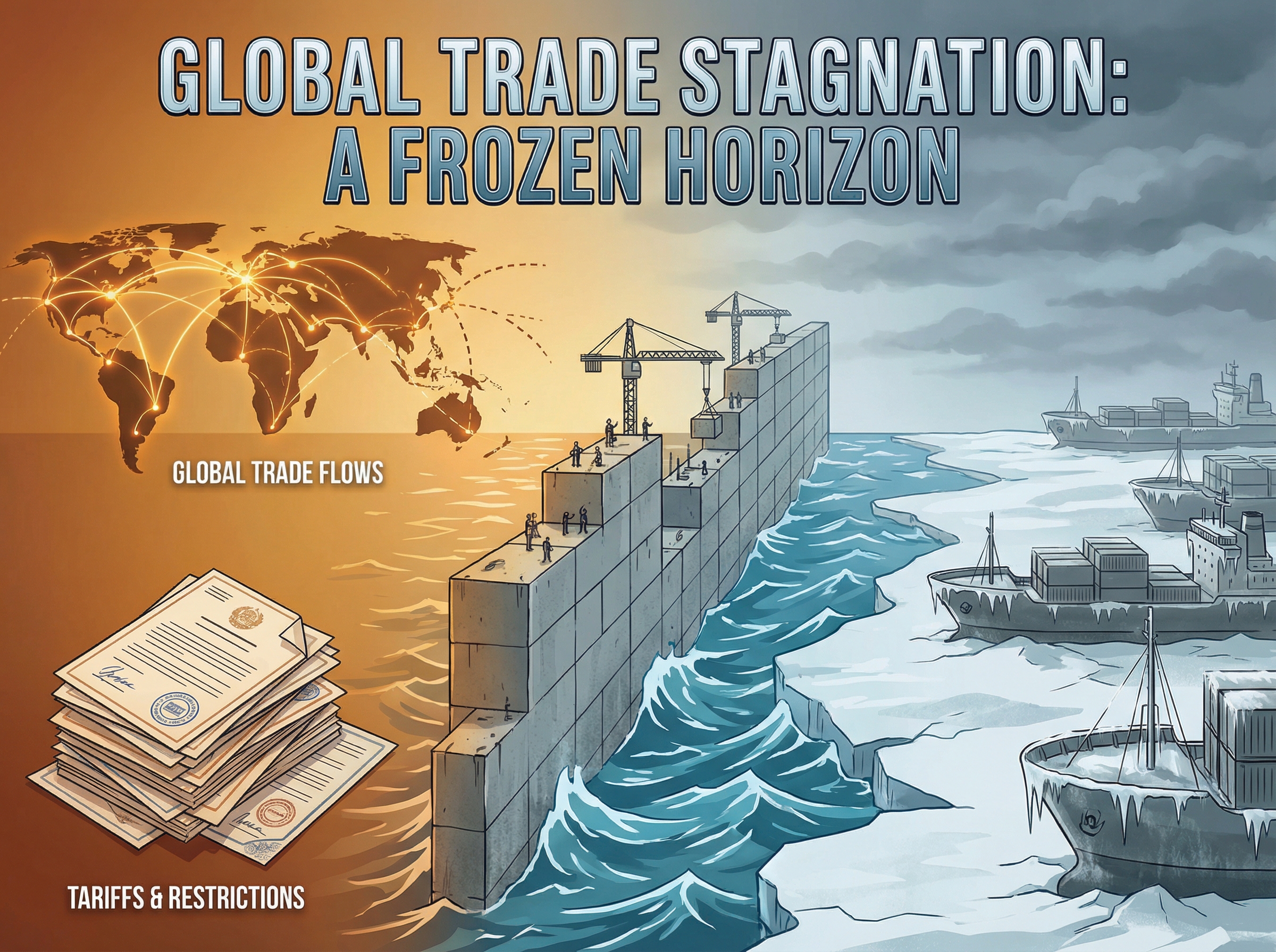 Cargo ships frozen in harbor with walls being built across the ocean, trade routes fading