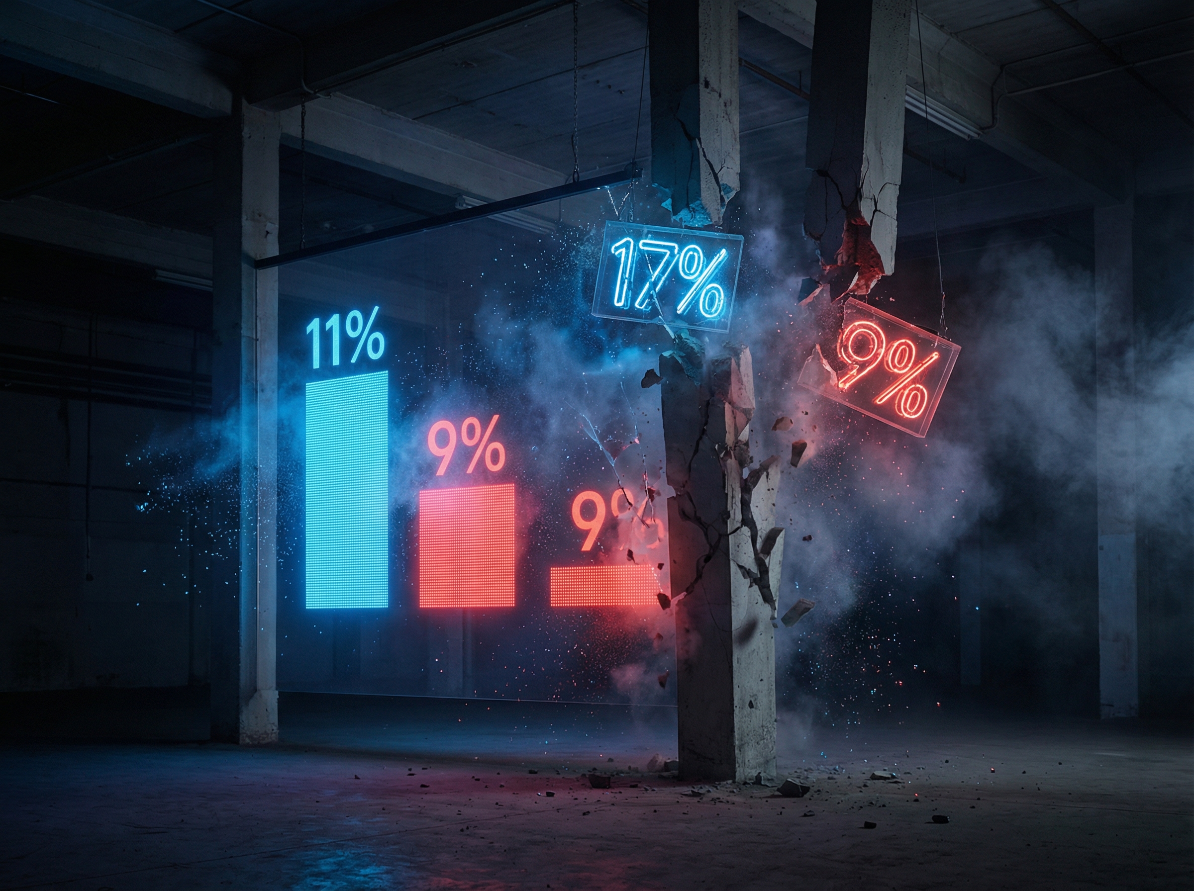Abstract visualization of trust percentages as crumbling structural columns