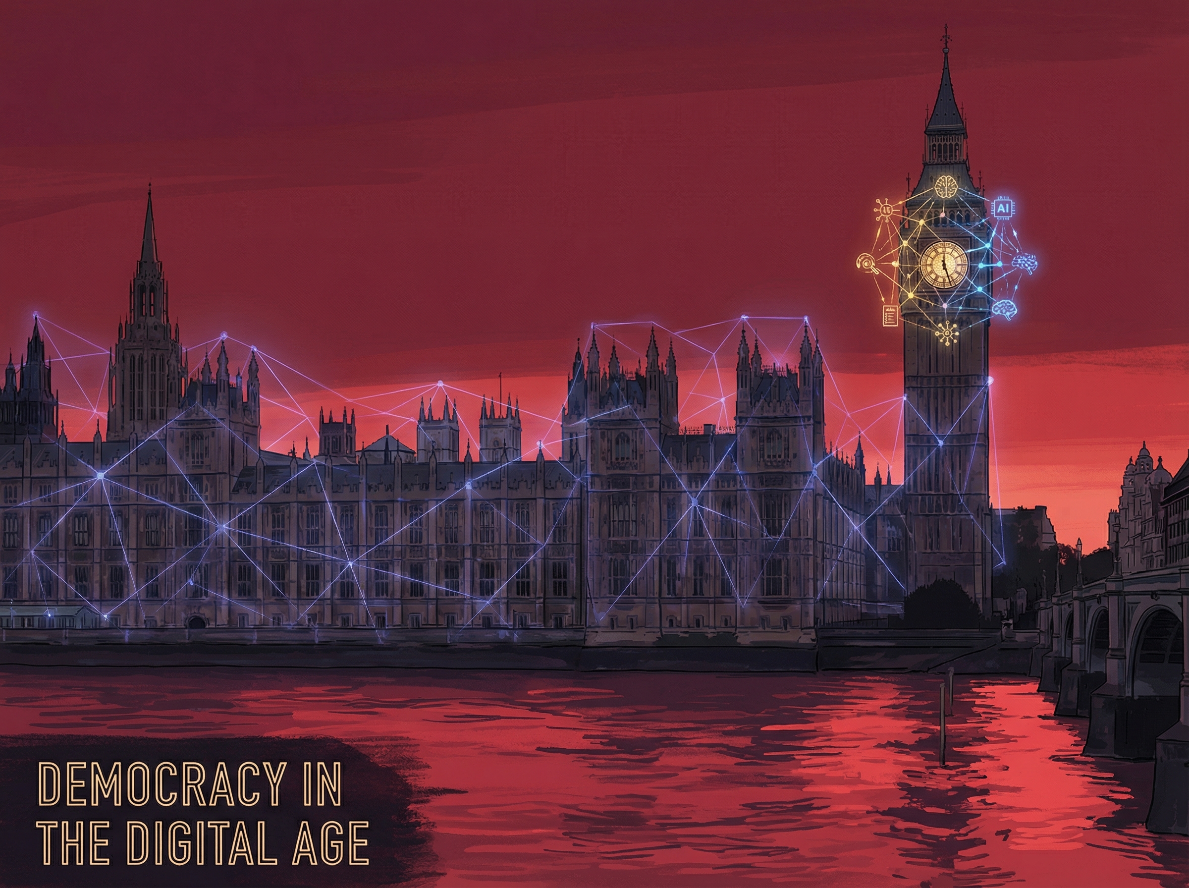Houses of Parliament through digital mesh with neural network clock face