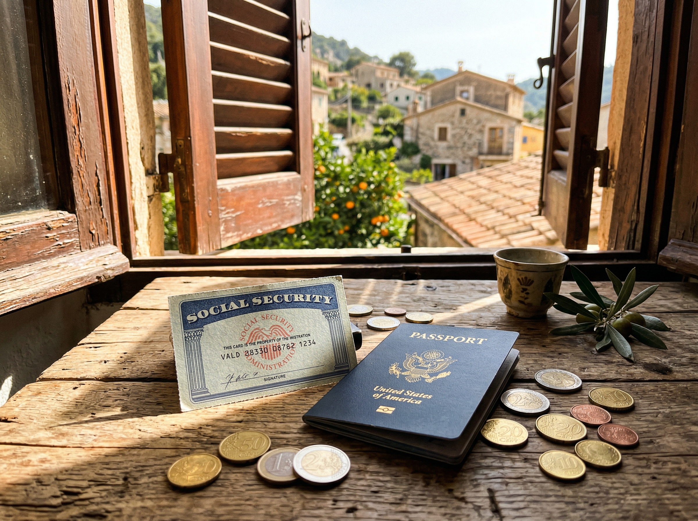 American passport and Social Security card on a Mediterranean table with euro coins
