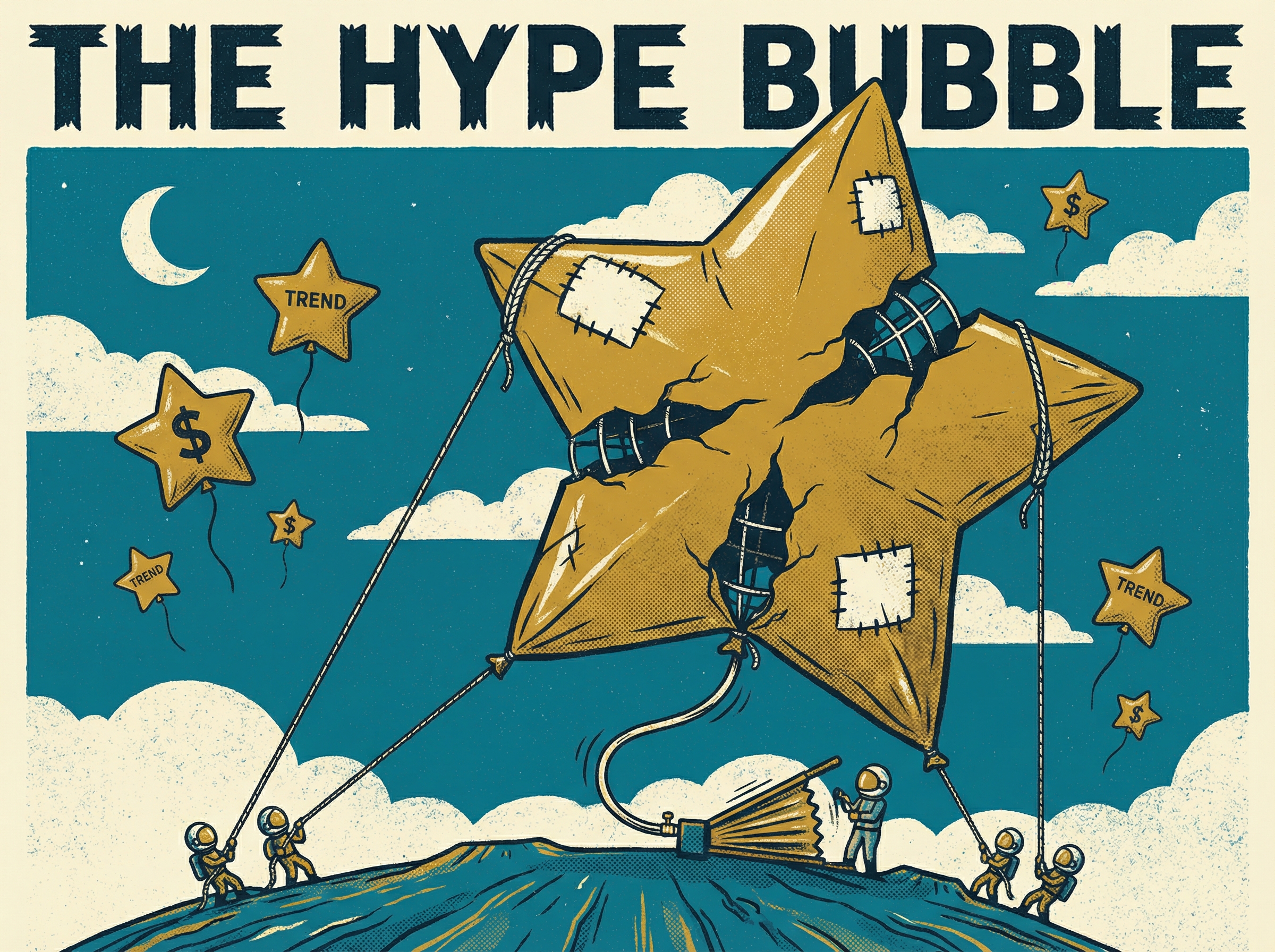 An enormous golden star being inflated like a balloon, cracking to show emptiness inside