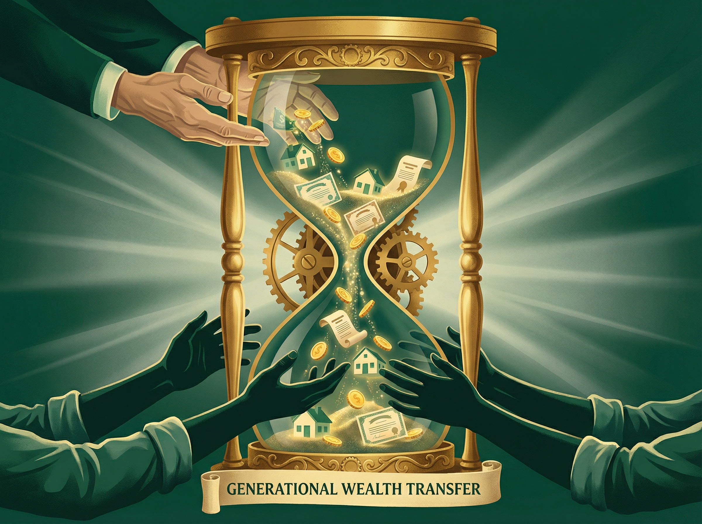 An ornate golden hourglass with wealth symbols flowing between generations