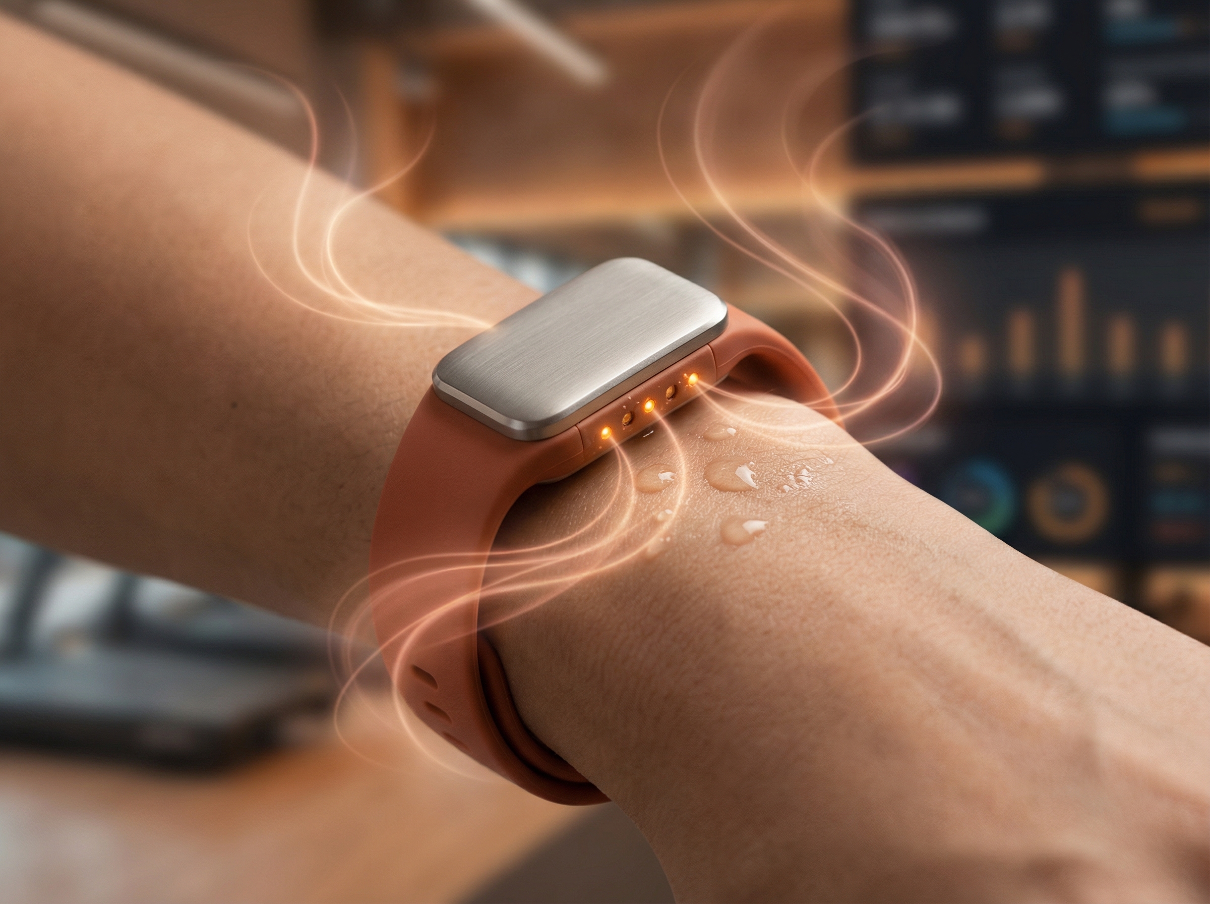 A sleek wearable device on a wrist with sweat droplets being analyzed by glowing sensors