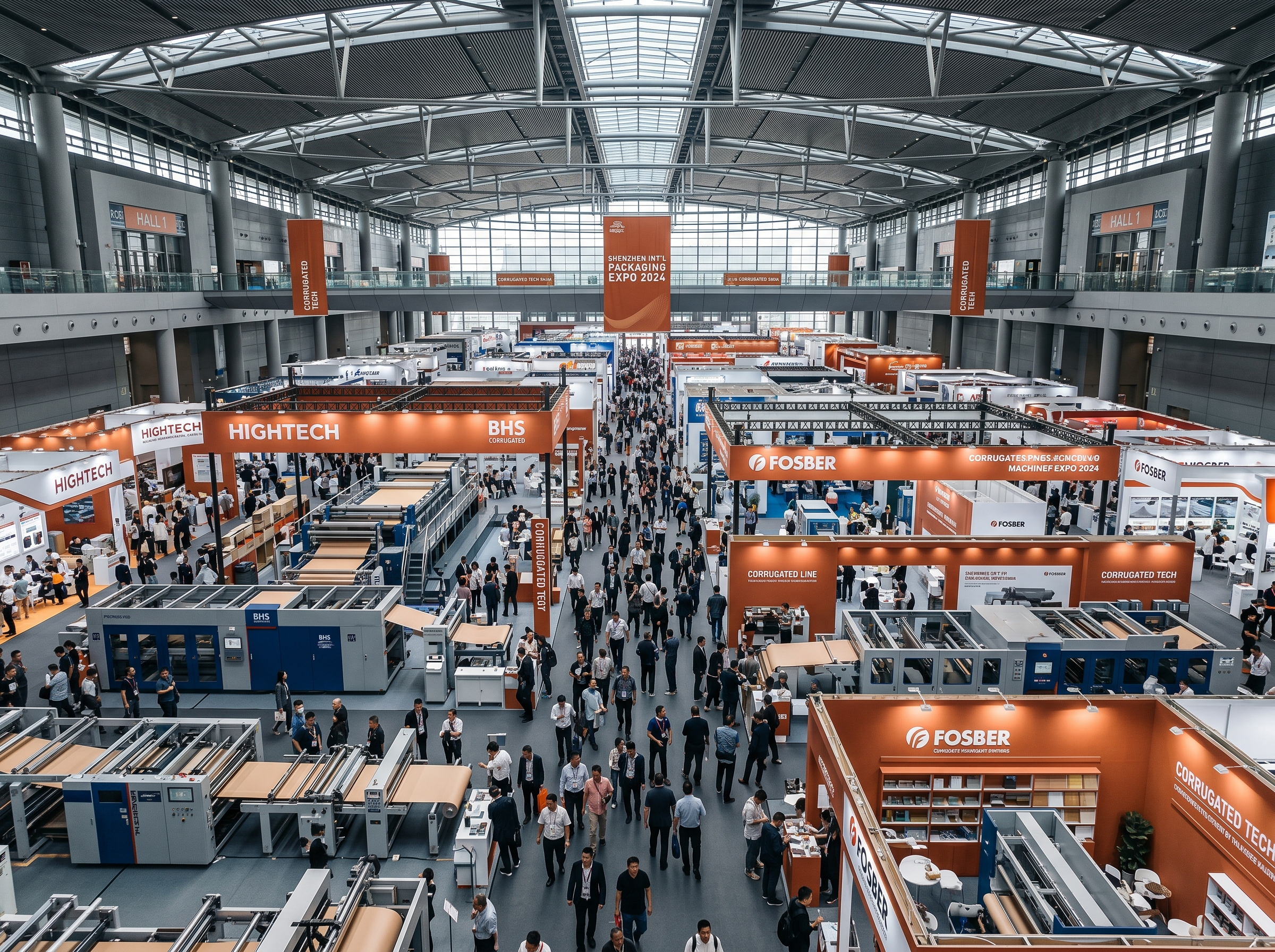 Vast exhibition hall in Shenzhen filled with corrugated packaging machinery and attendees