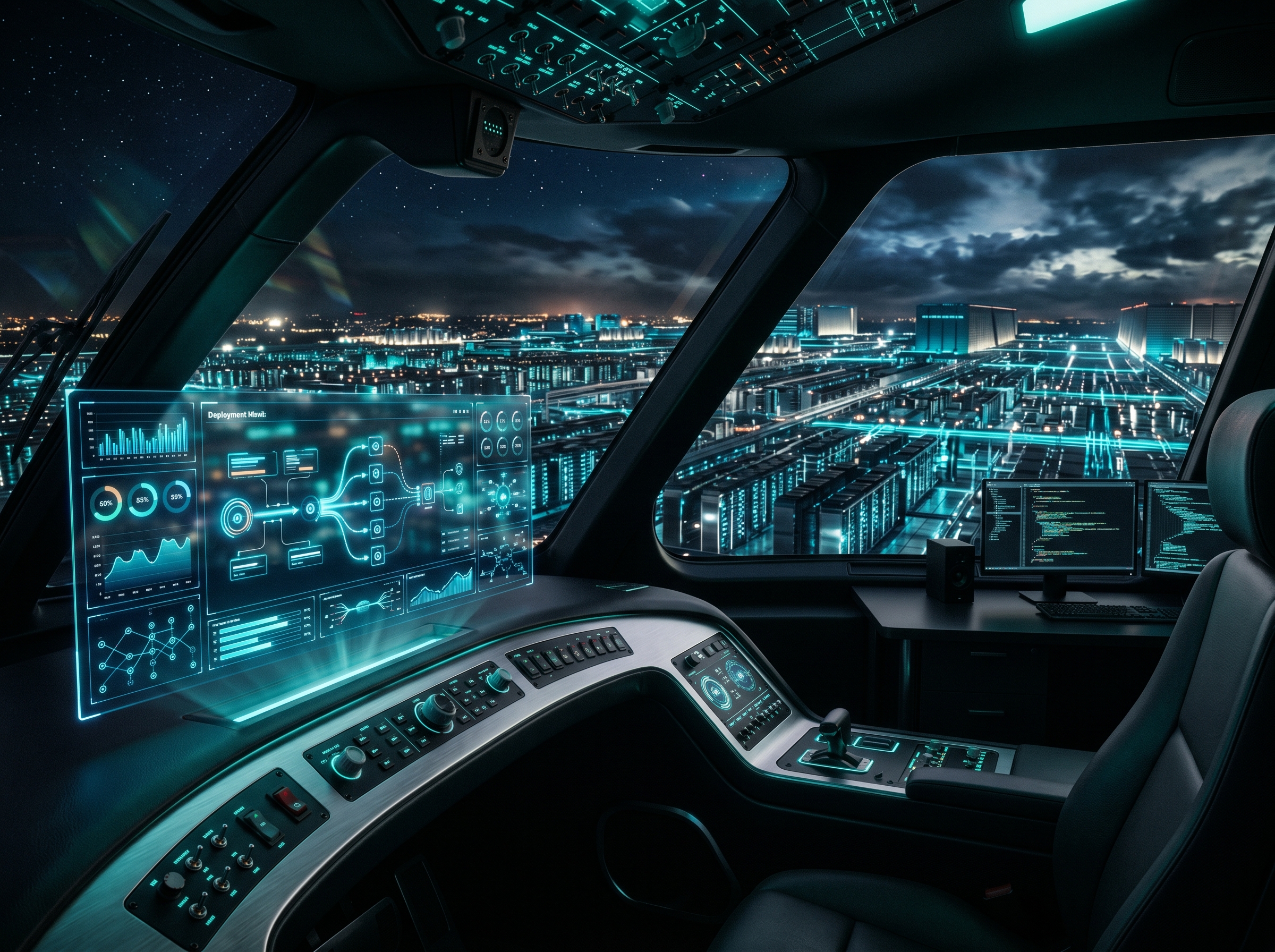 A sleek cockpit dashboard with holographic displays transitioning into vast cloud infrastructure