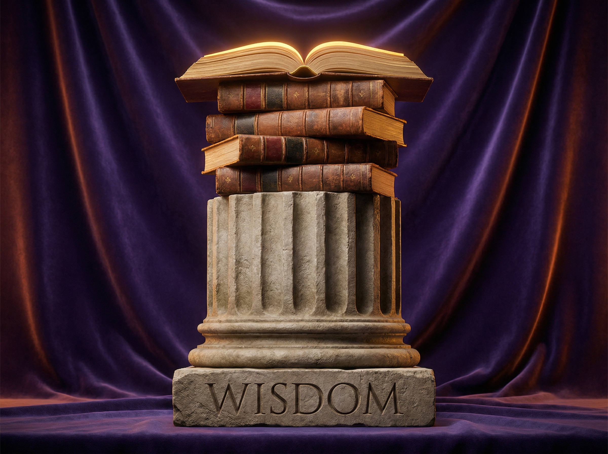 Stack of hardcover books forming a pillar like a Roman column, top book open with golden light streaming out