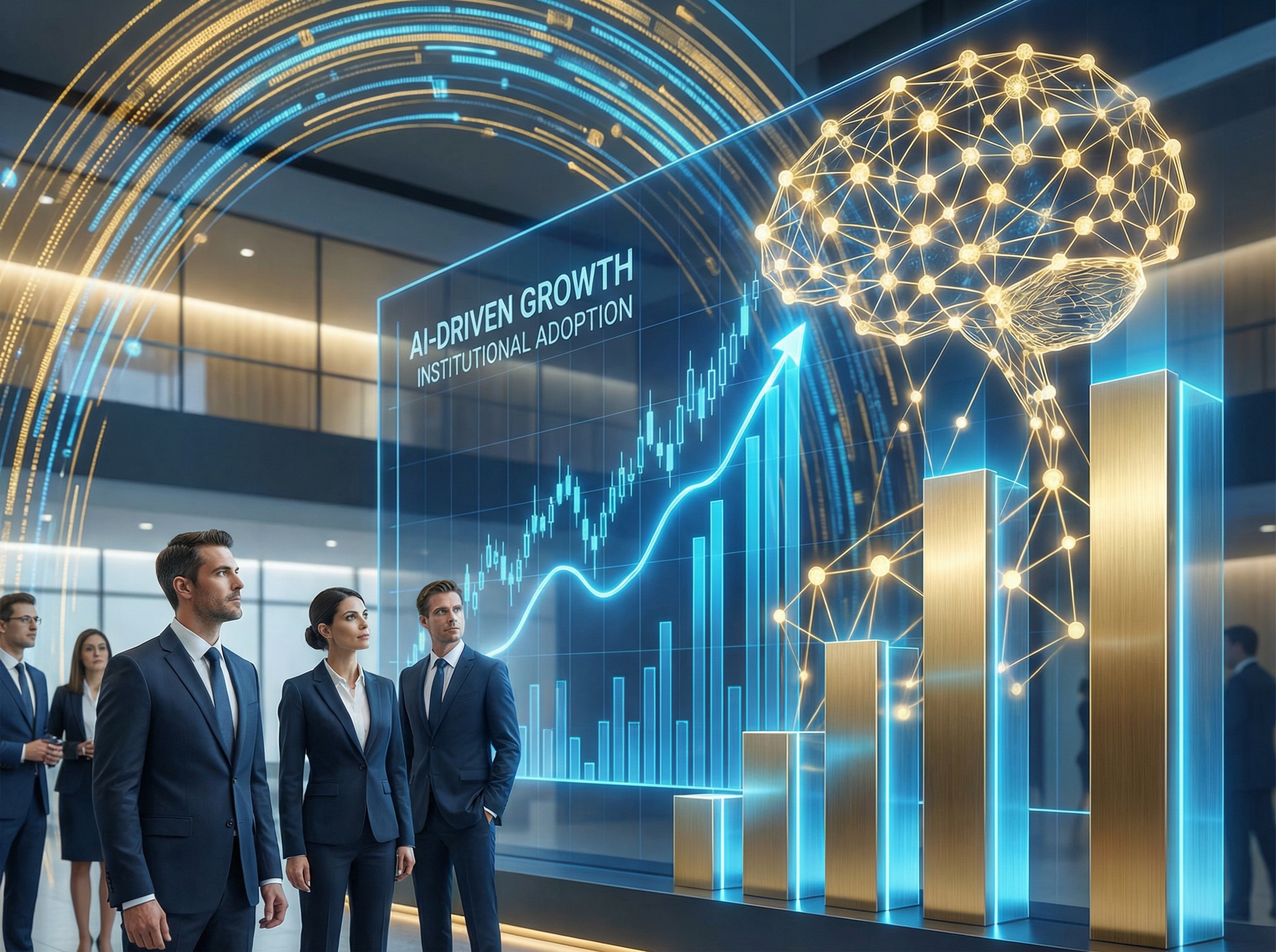 Abstract corporate transformation with human figures transitioning into AI circuit patterns