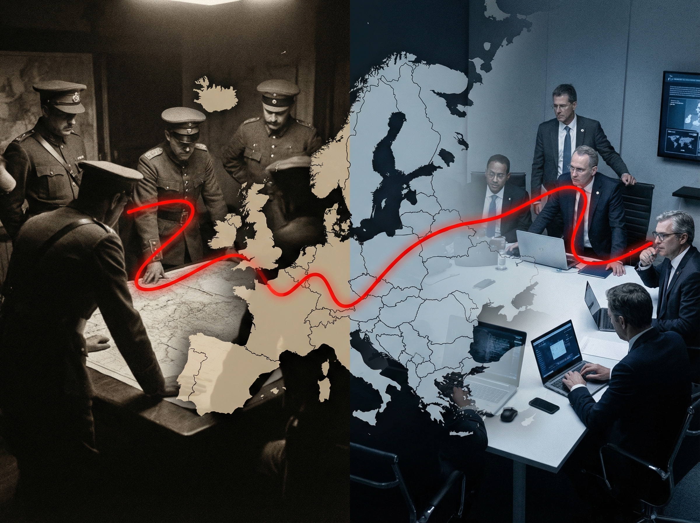 Split-screen composition showing 1914 military figures and modern diplomats around identical tables
