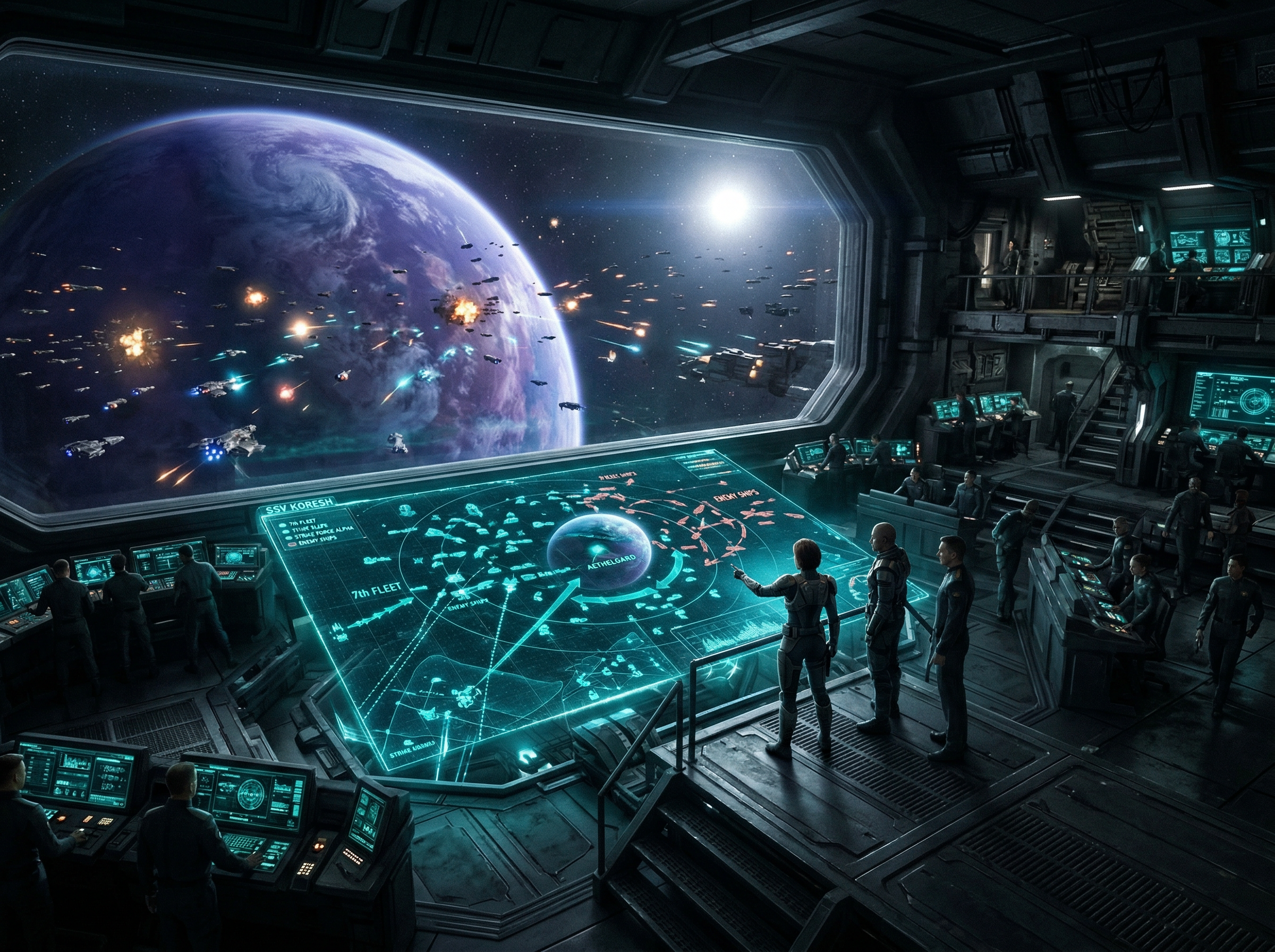 Cinematic sci-fi fleet command bridge with holographic star map and fleet battle formations