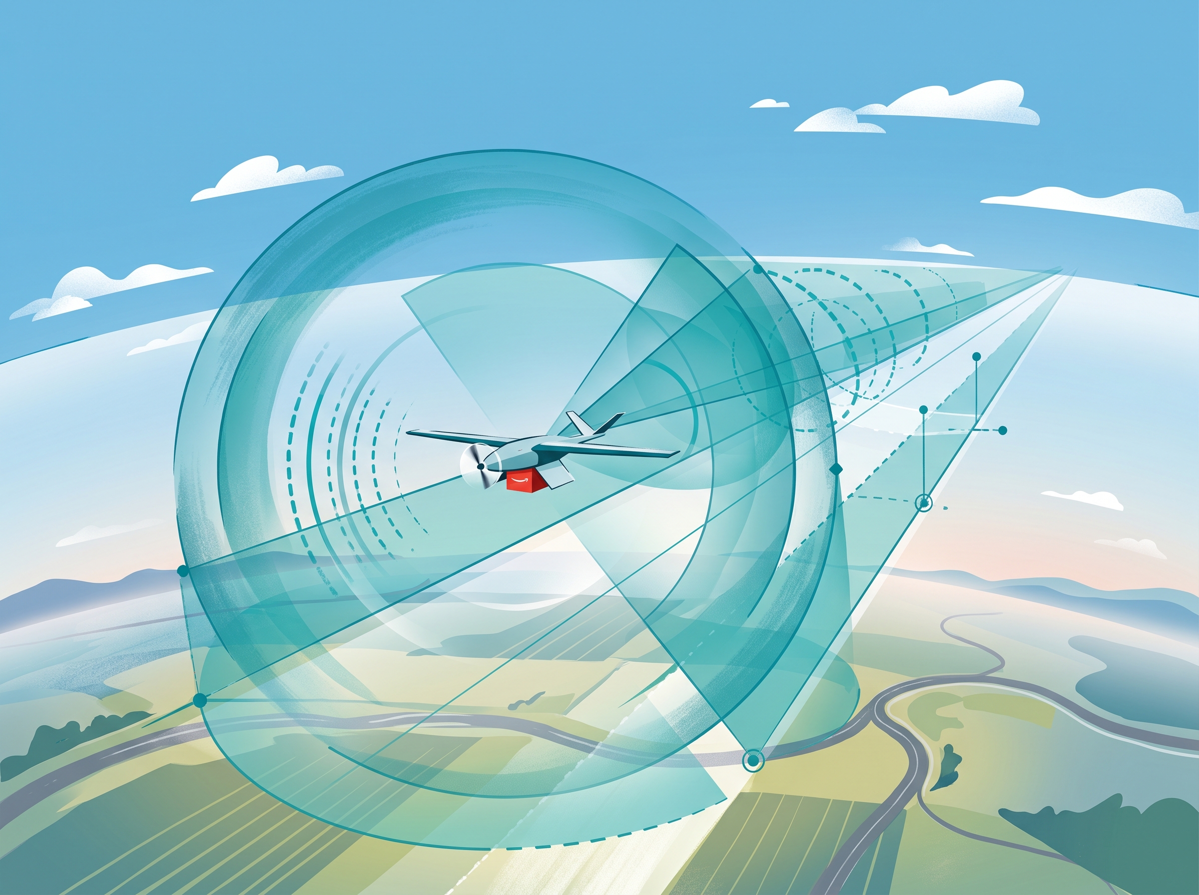 Abstract visualization of a drone flight corridor with radar beams extending beyond the horizon