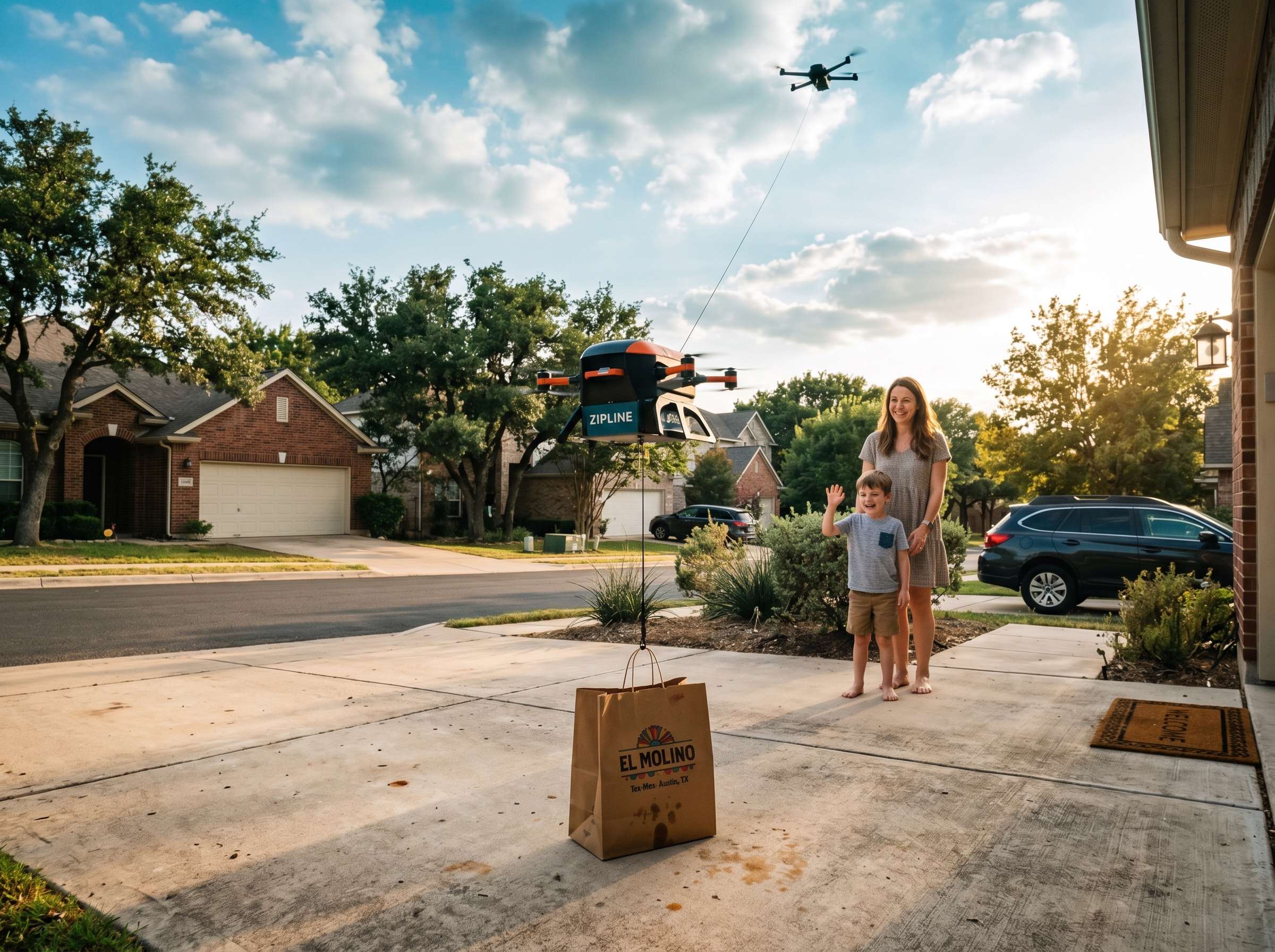 A Zipline tethered droid lowering a food bag onto a suburban Texas driveway