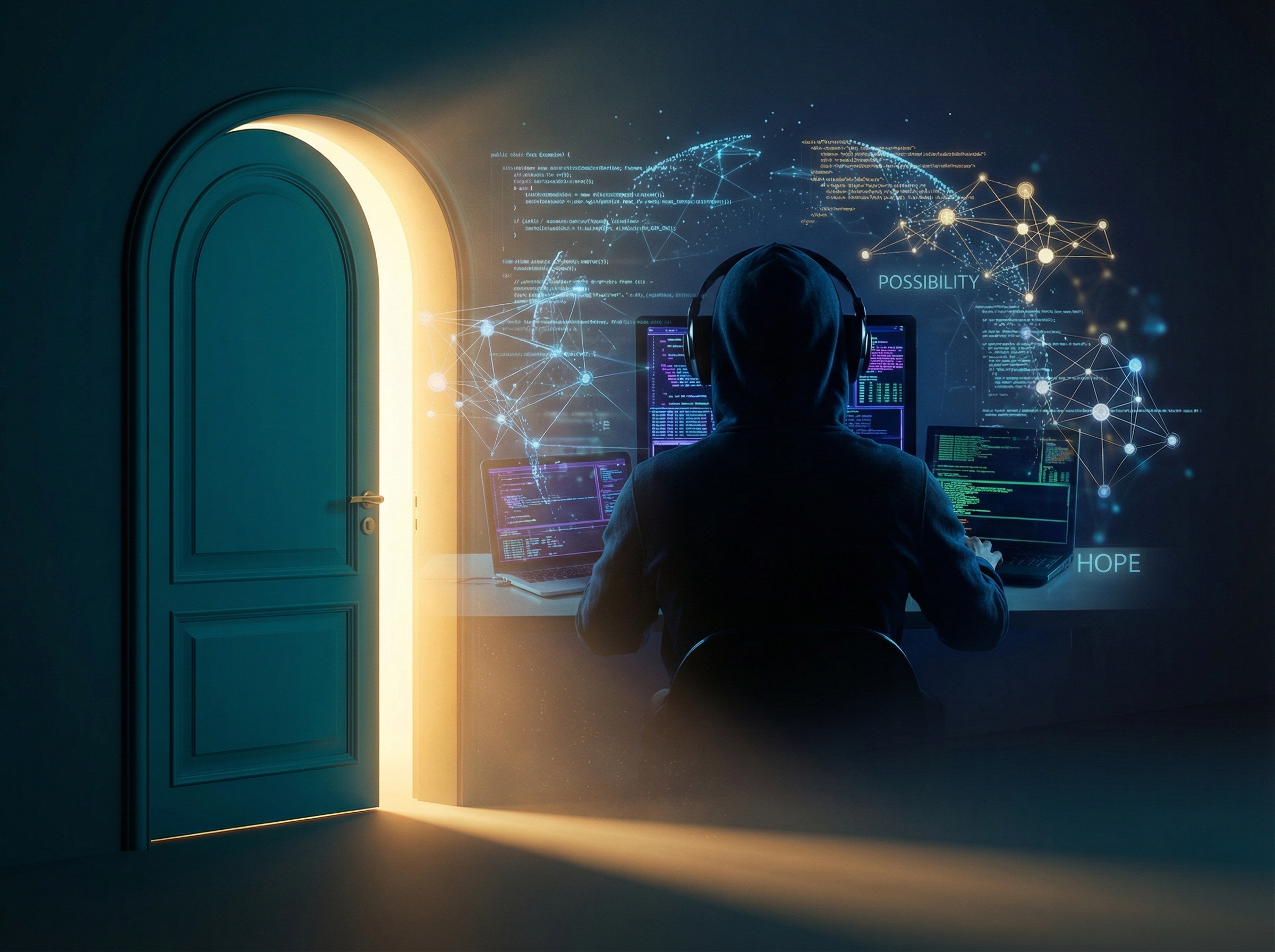 A developer's silhouette surrounded by floating code and neural networks, a large teal door opening before them