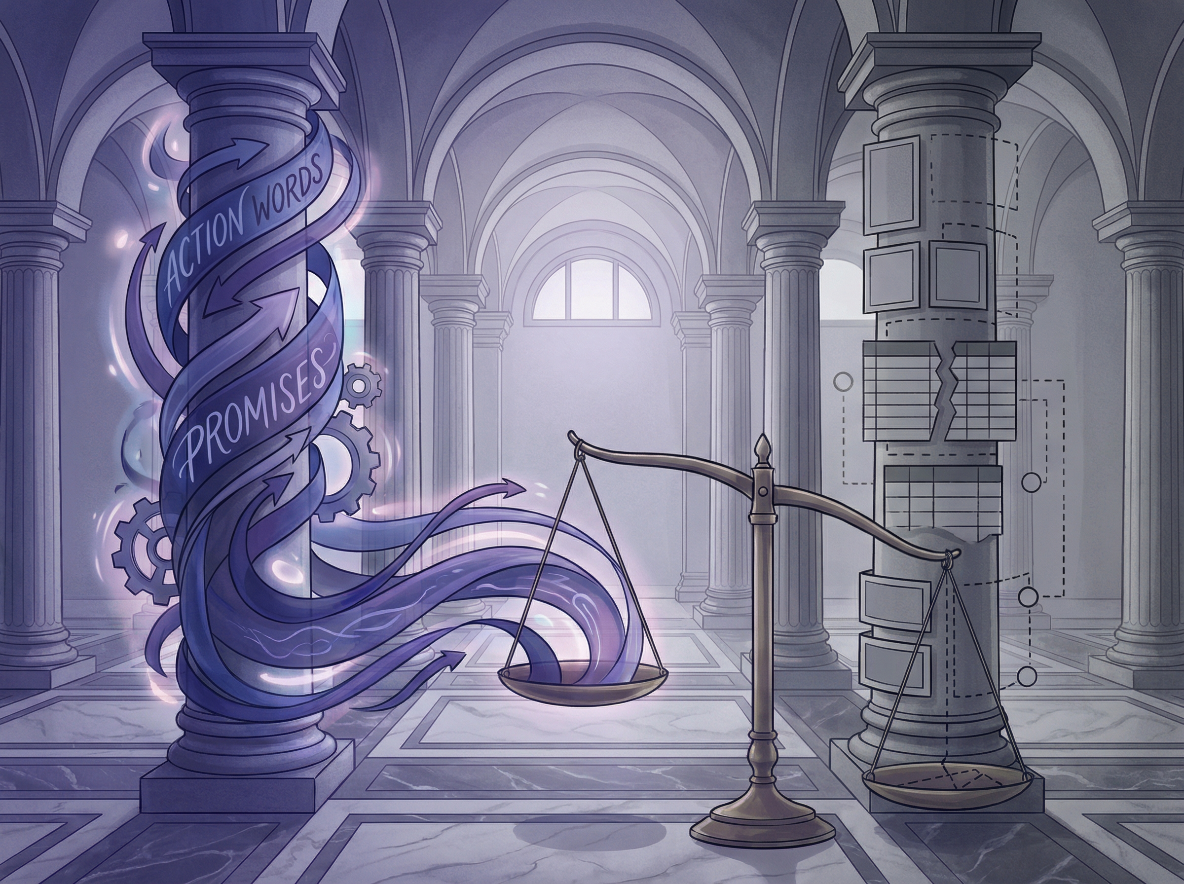 Two contrasting columns showing action promises versus empty outcome boxes