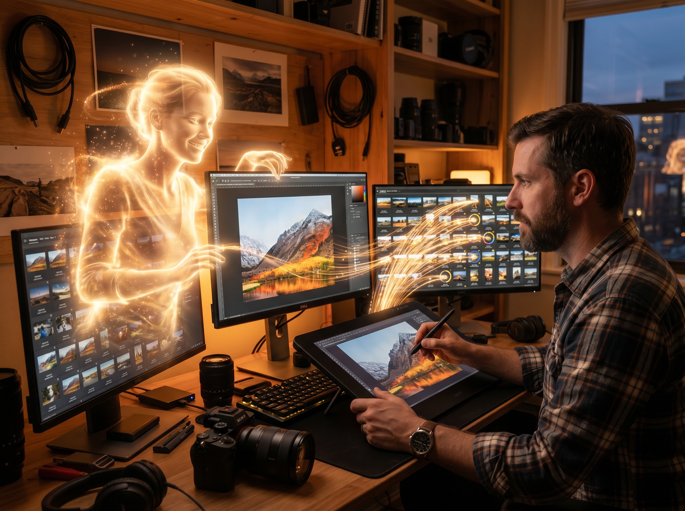 A photographer's editing workstation with a translucent AI assistant materializing as warm light, connecting automated edits across hundreds of thumbnails