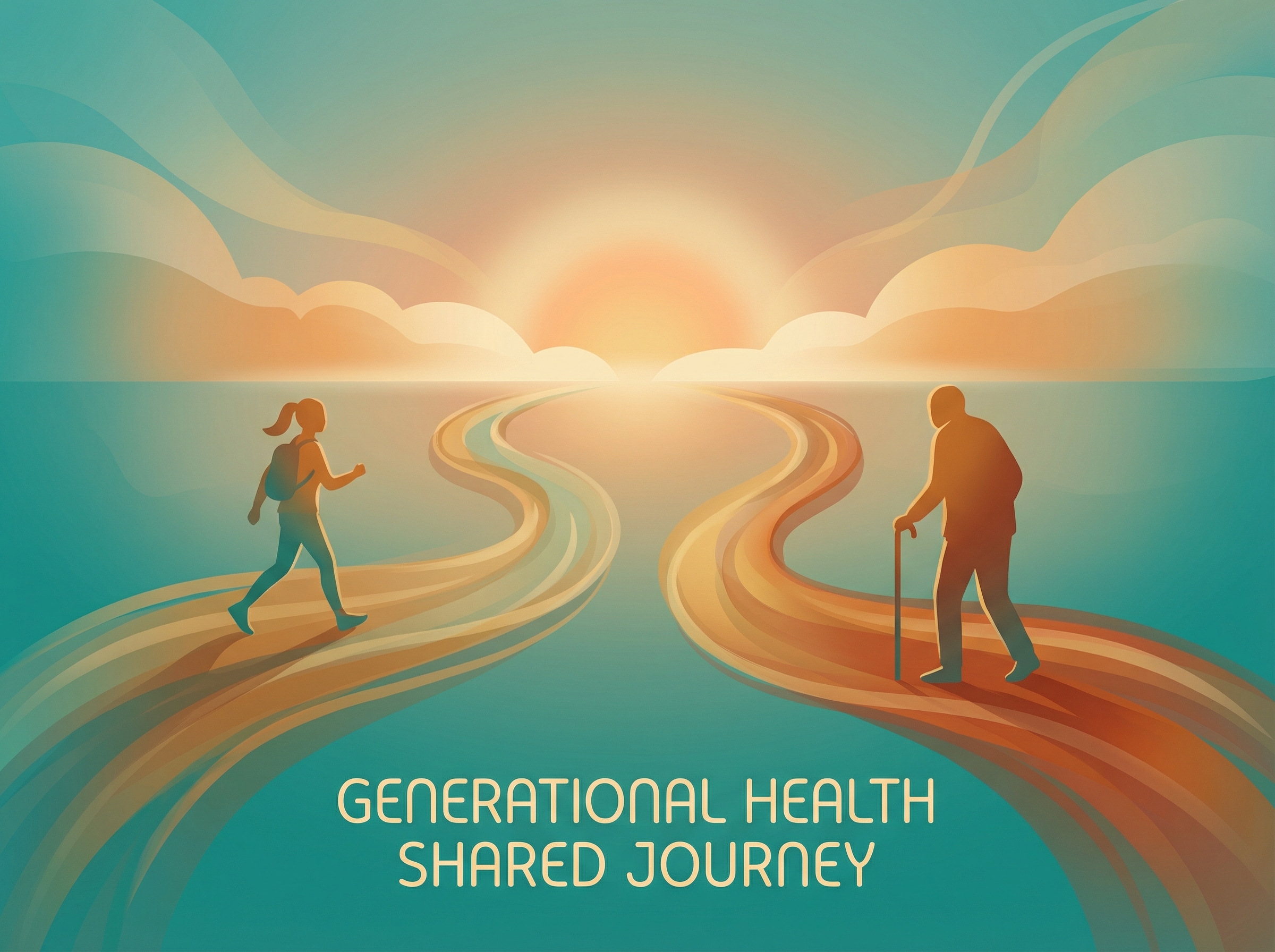 Two paths diverging, showing different figures walking toward the same sunrise