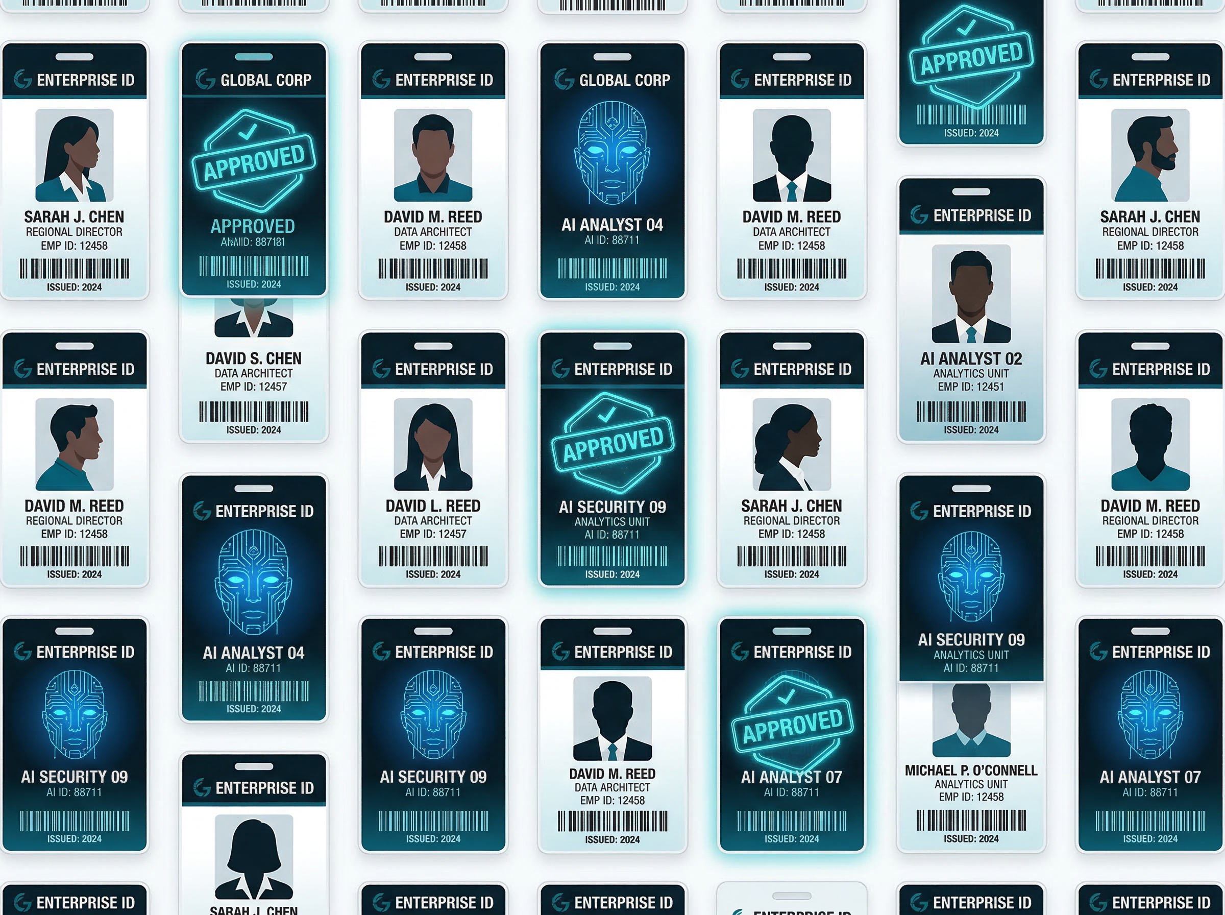 Corporate ID badges alternating between human portraits and AI circuit patterns