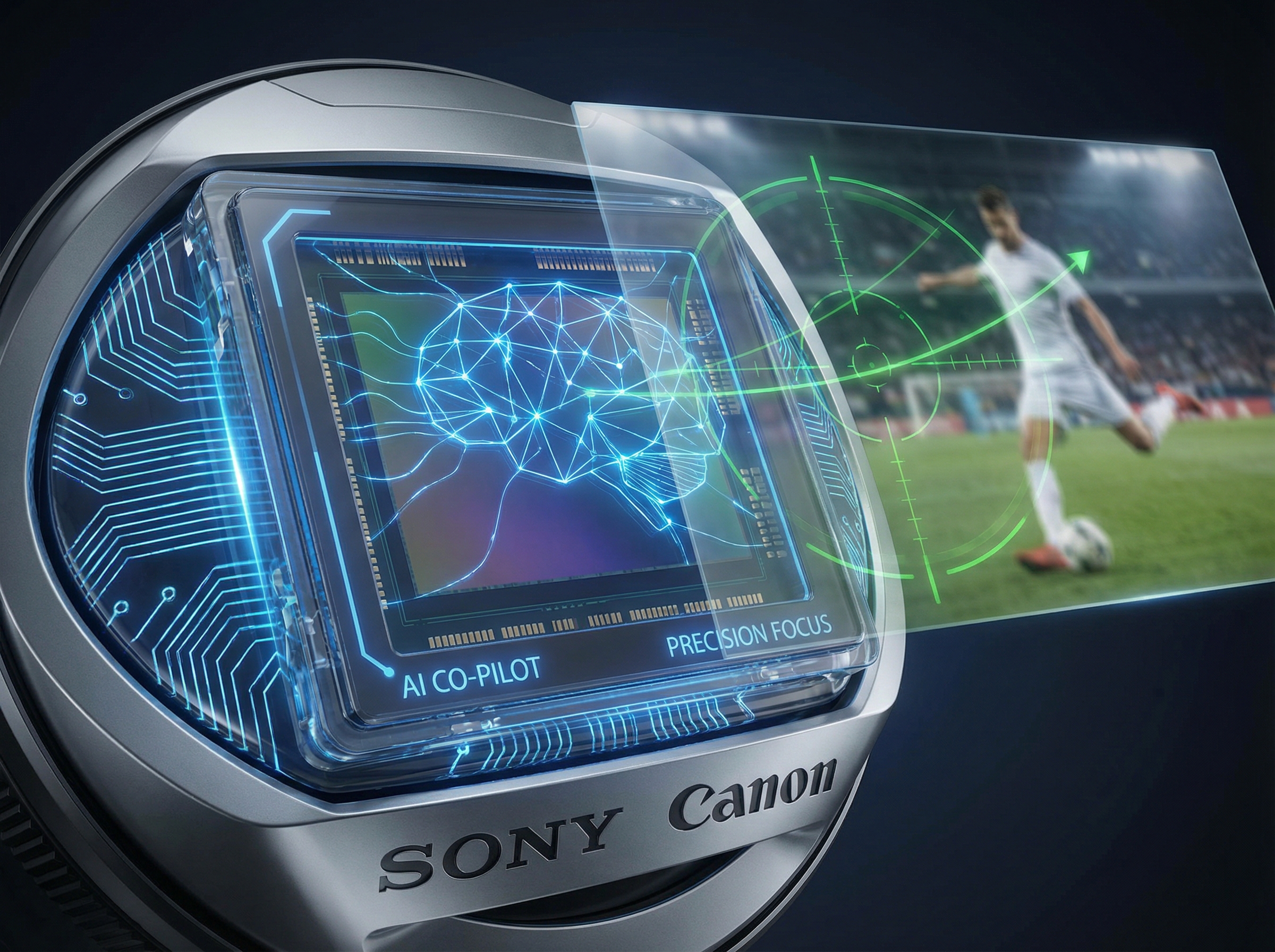 Futuristic AI autofocus visualization with neural network patterns and eye-tracking