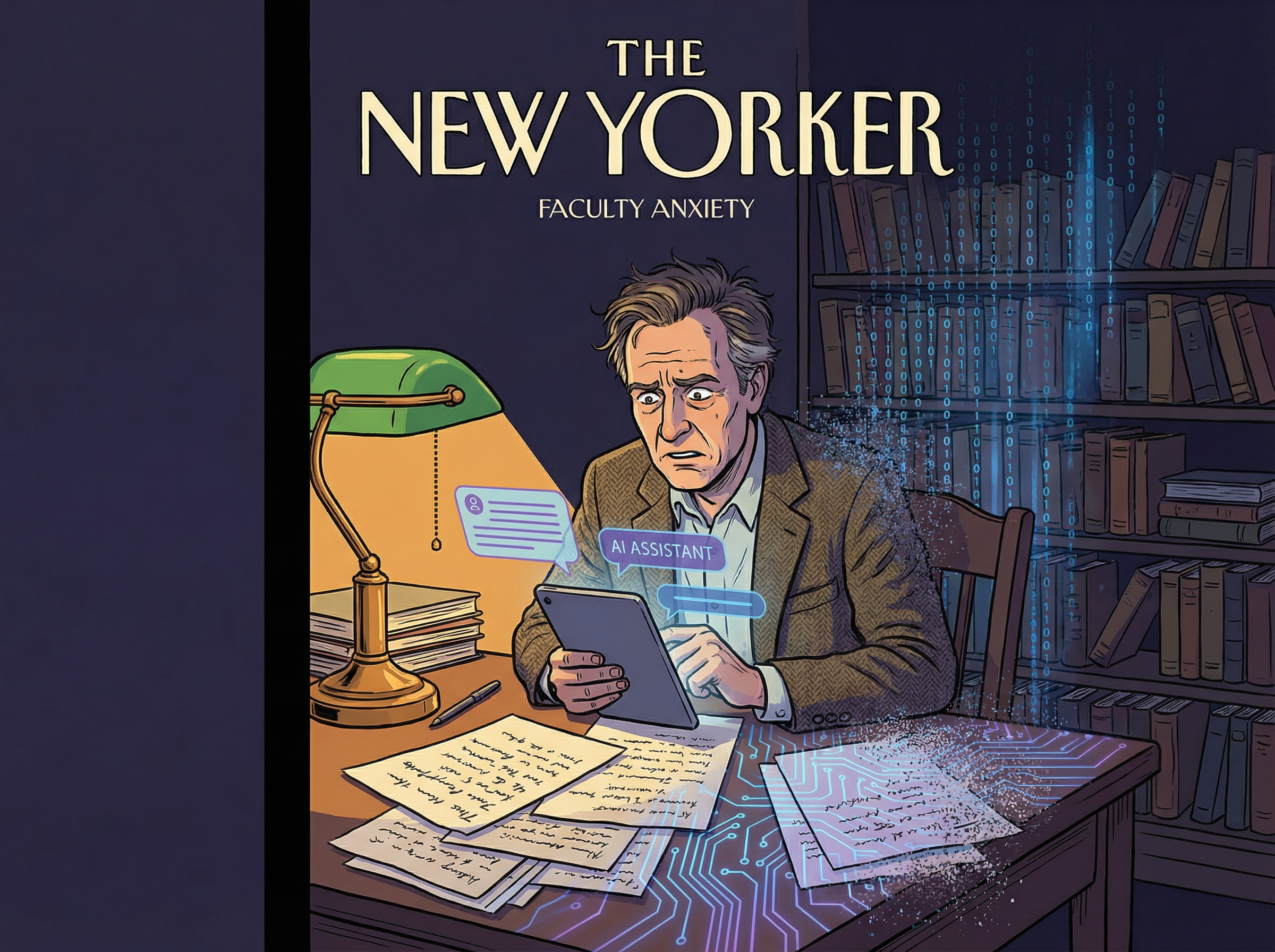 Professor at desk surrounded by papers dissolving into algorithmic circuitry, warm desk lamp fighting cold digital glow