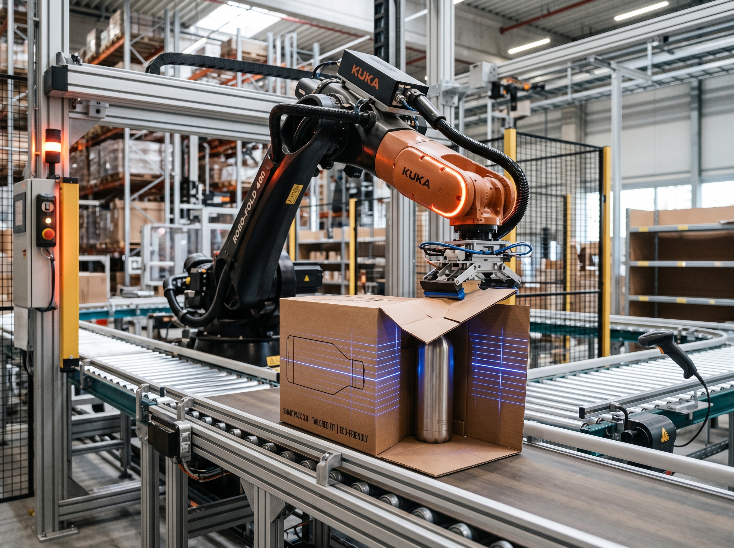 Robotic arm folding a custom-sized corrugated box around a product with laser scanning