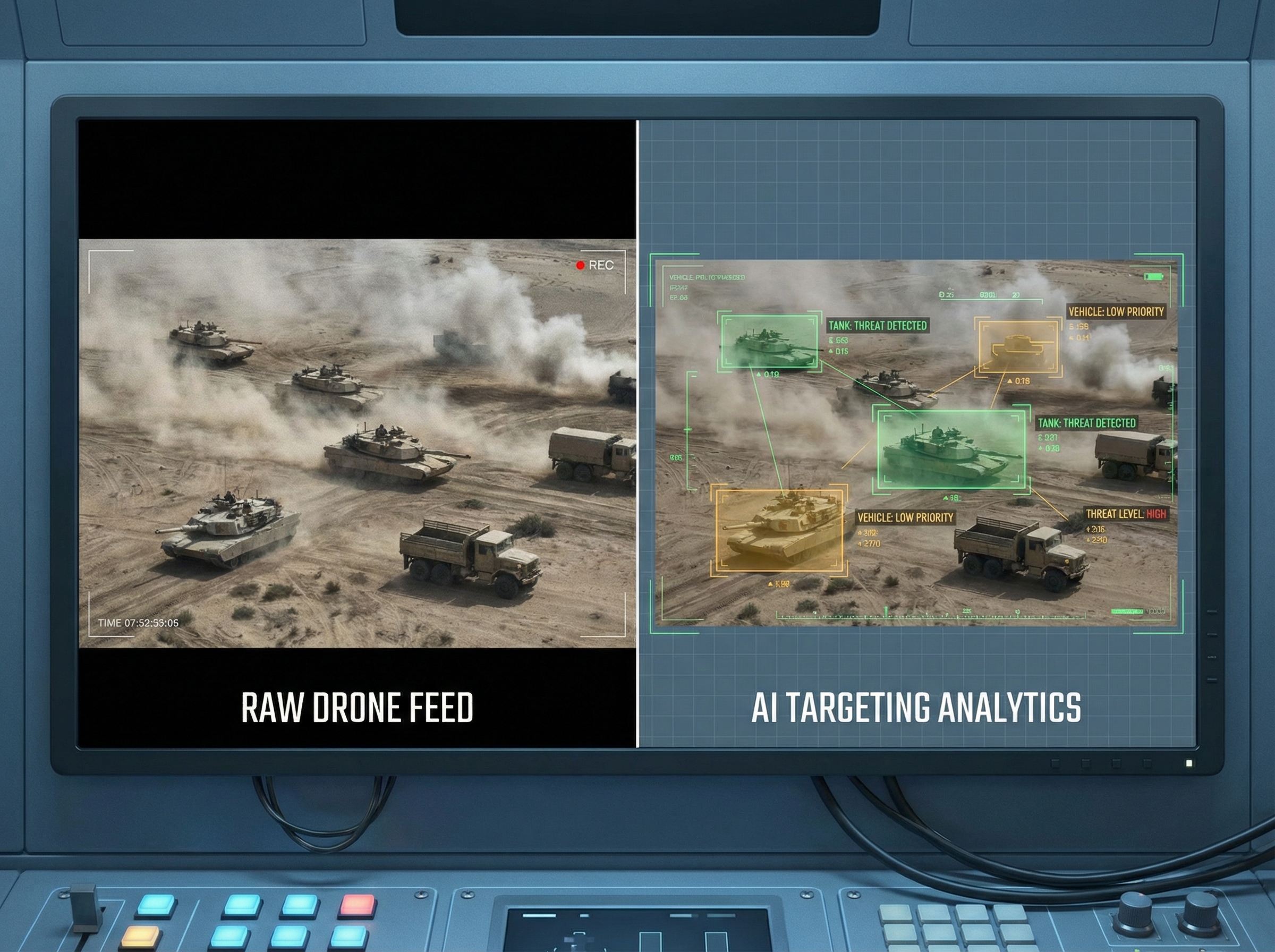 Split-screen view showing raw drone footage and the same scene with AI targeting overlays