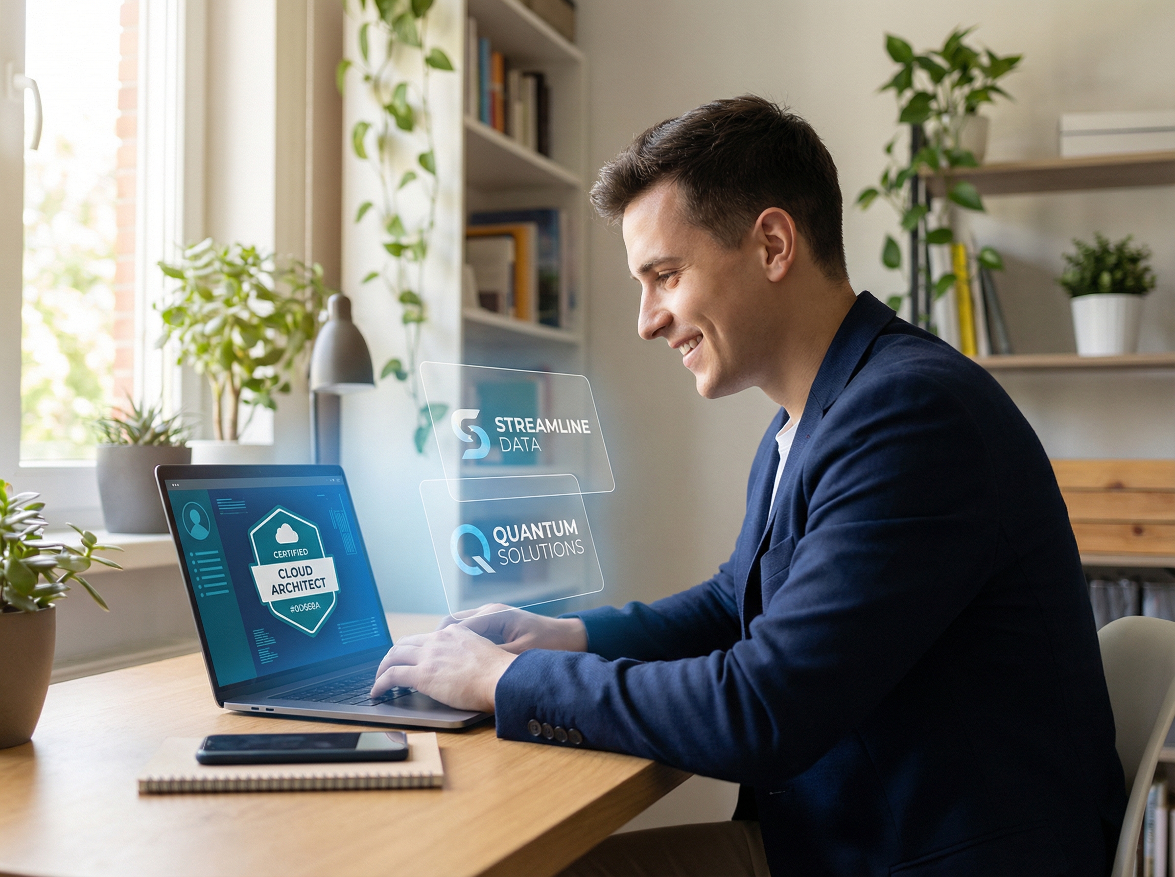 Young professional at laptop with certificate badge and tech logos
