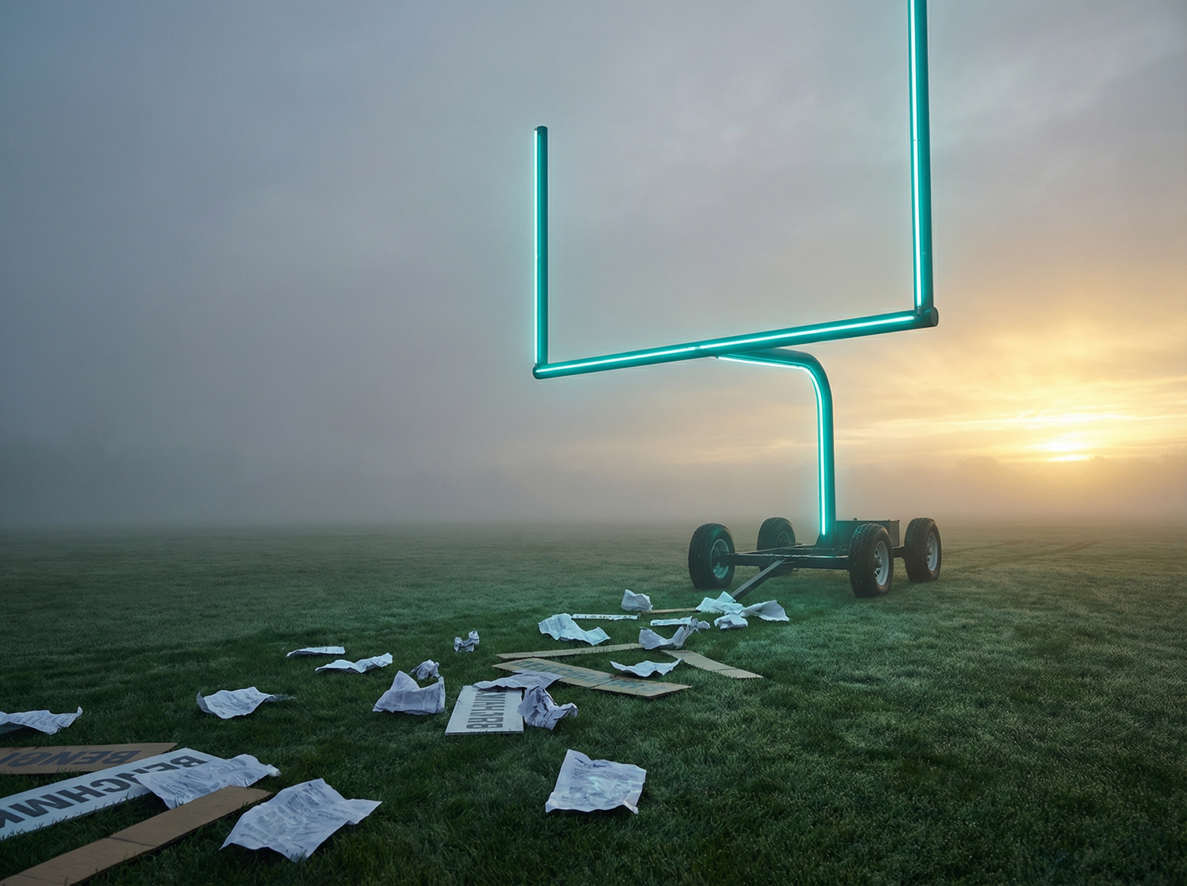 A football goalpost on wheels being pushed further back down a misty field, with a trail of discarded definition papers and benchmarks