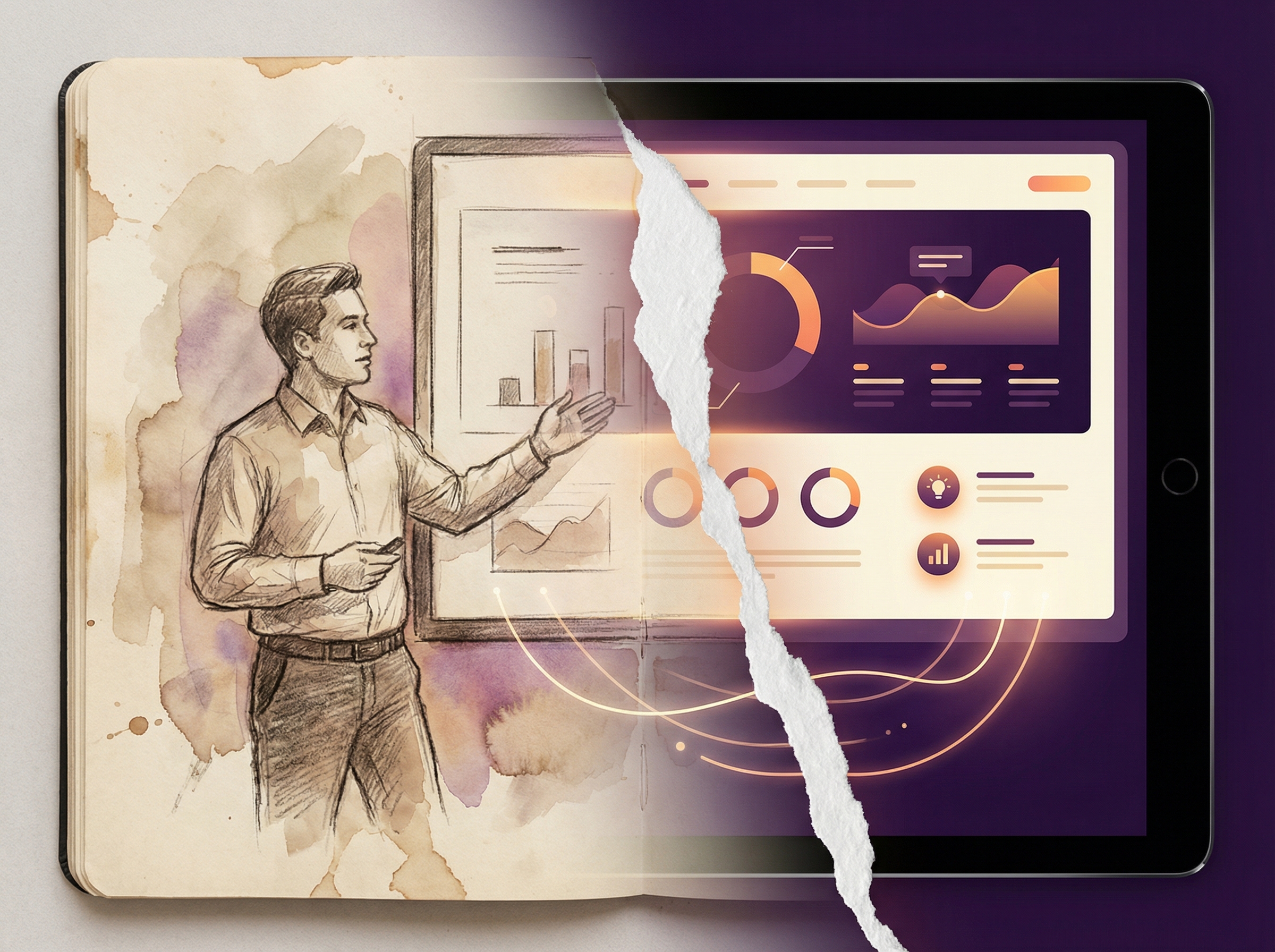 Hand-drawn sketch merging into digital presentation, paper texture blending with vectors