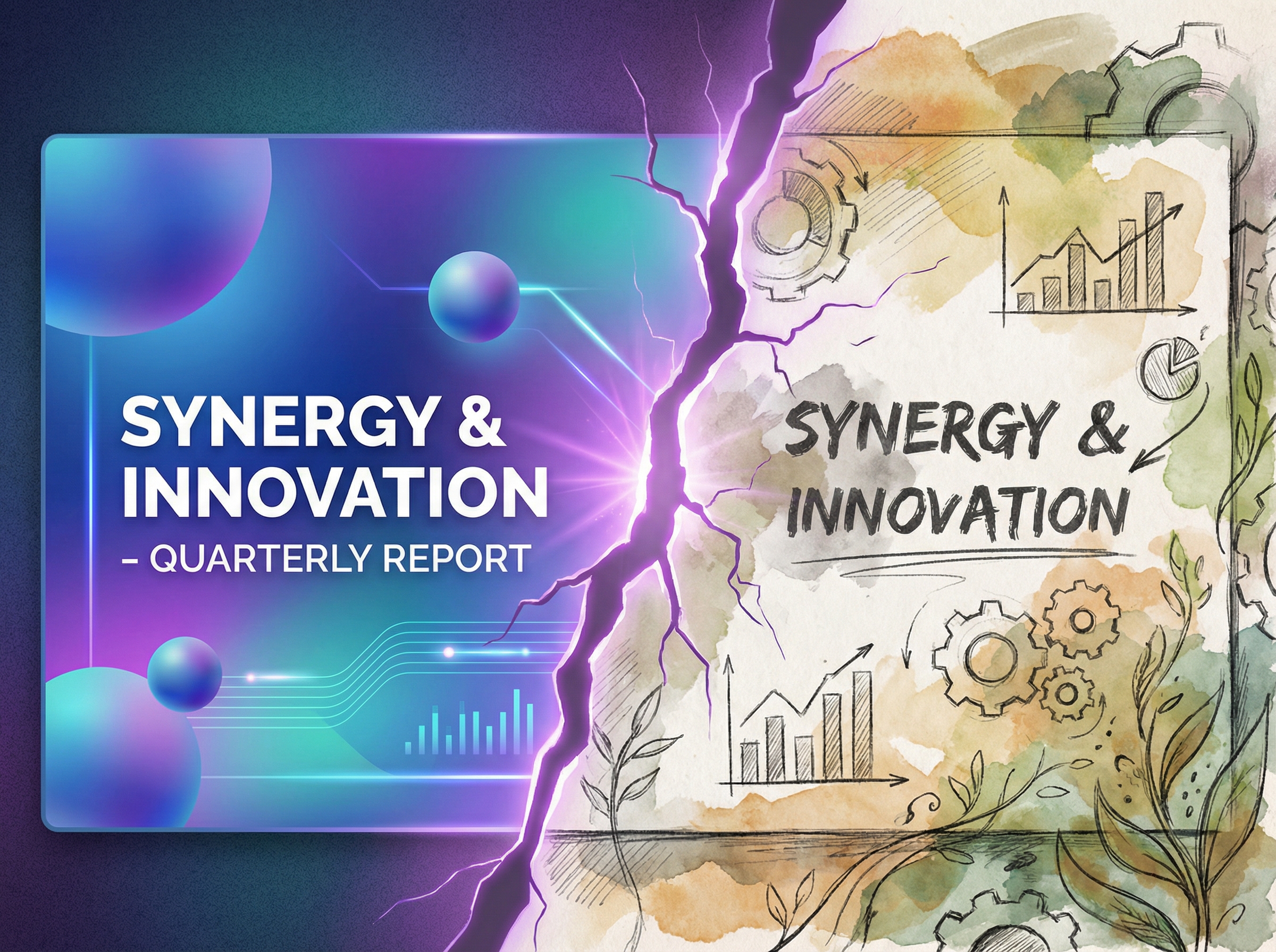 Split-screen showing a polished AI slide on one side and hand-drawn organic sketches on the other, with violet light bleeding through a crack between them