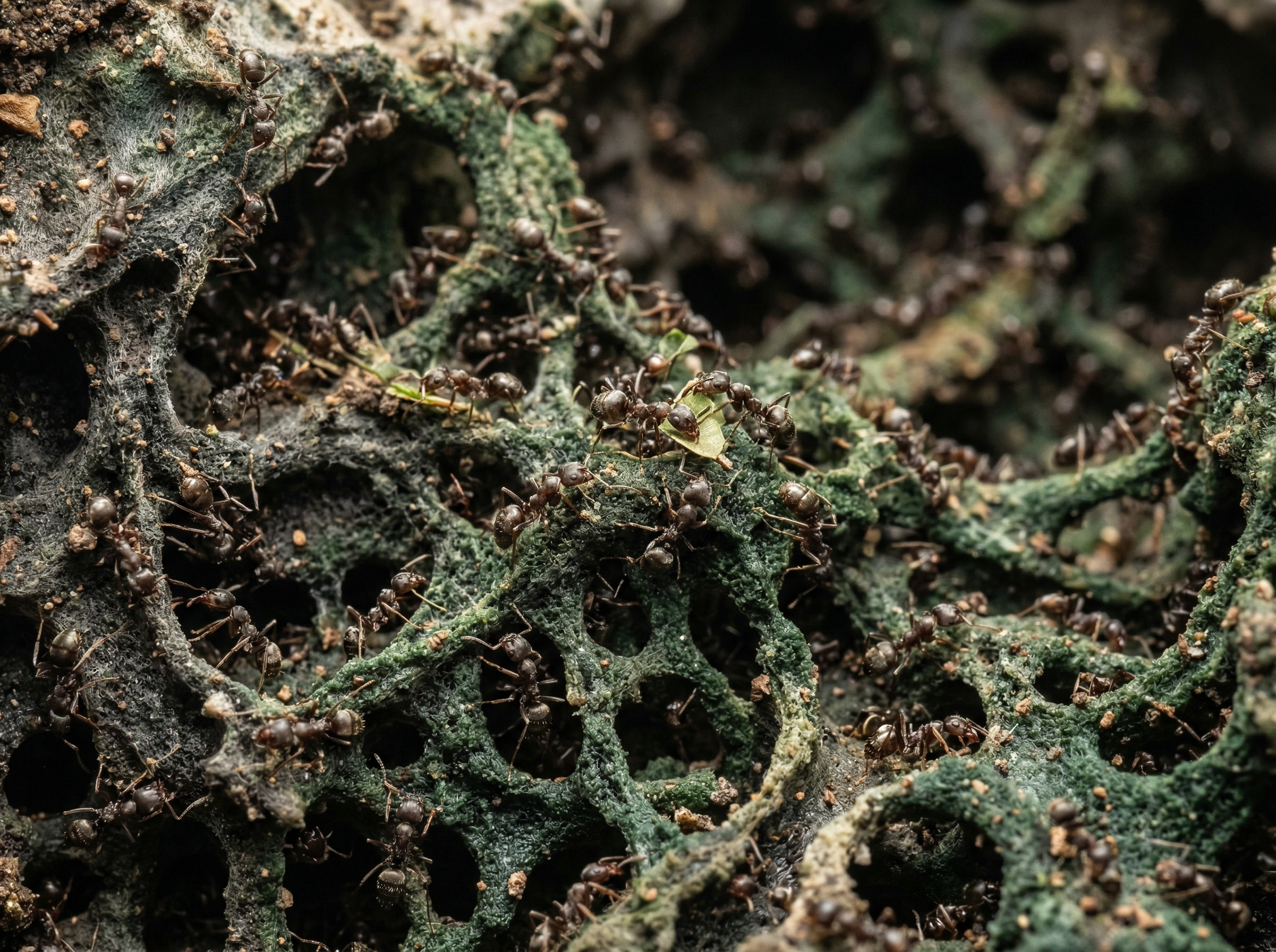 Macro photograph of Argentine ants building an intricate fungus garden in perfect coordination