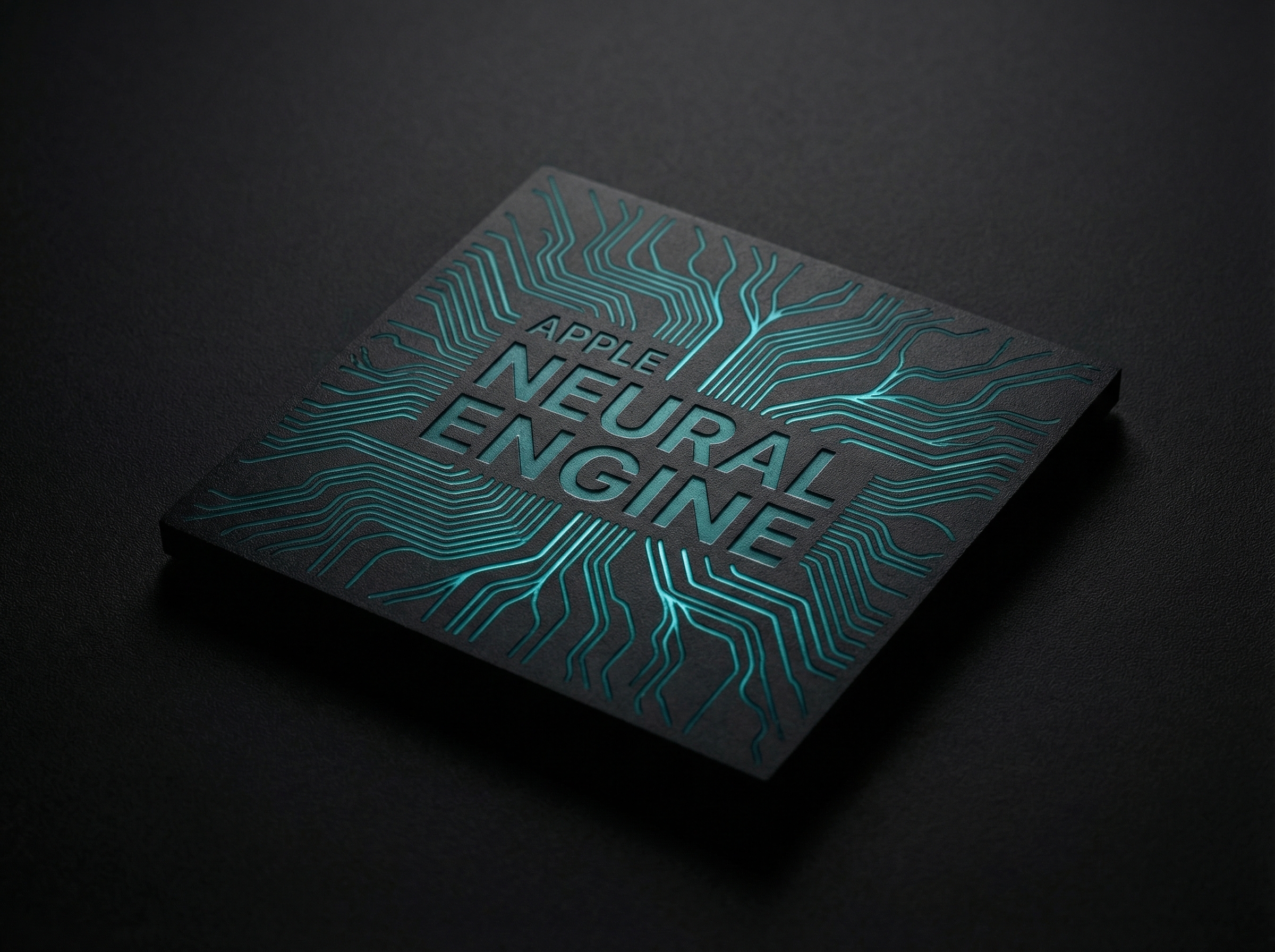 Macro view of a neural processing chip with teal circuit pathways radiating outward in organic patterns