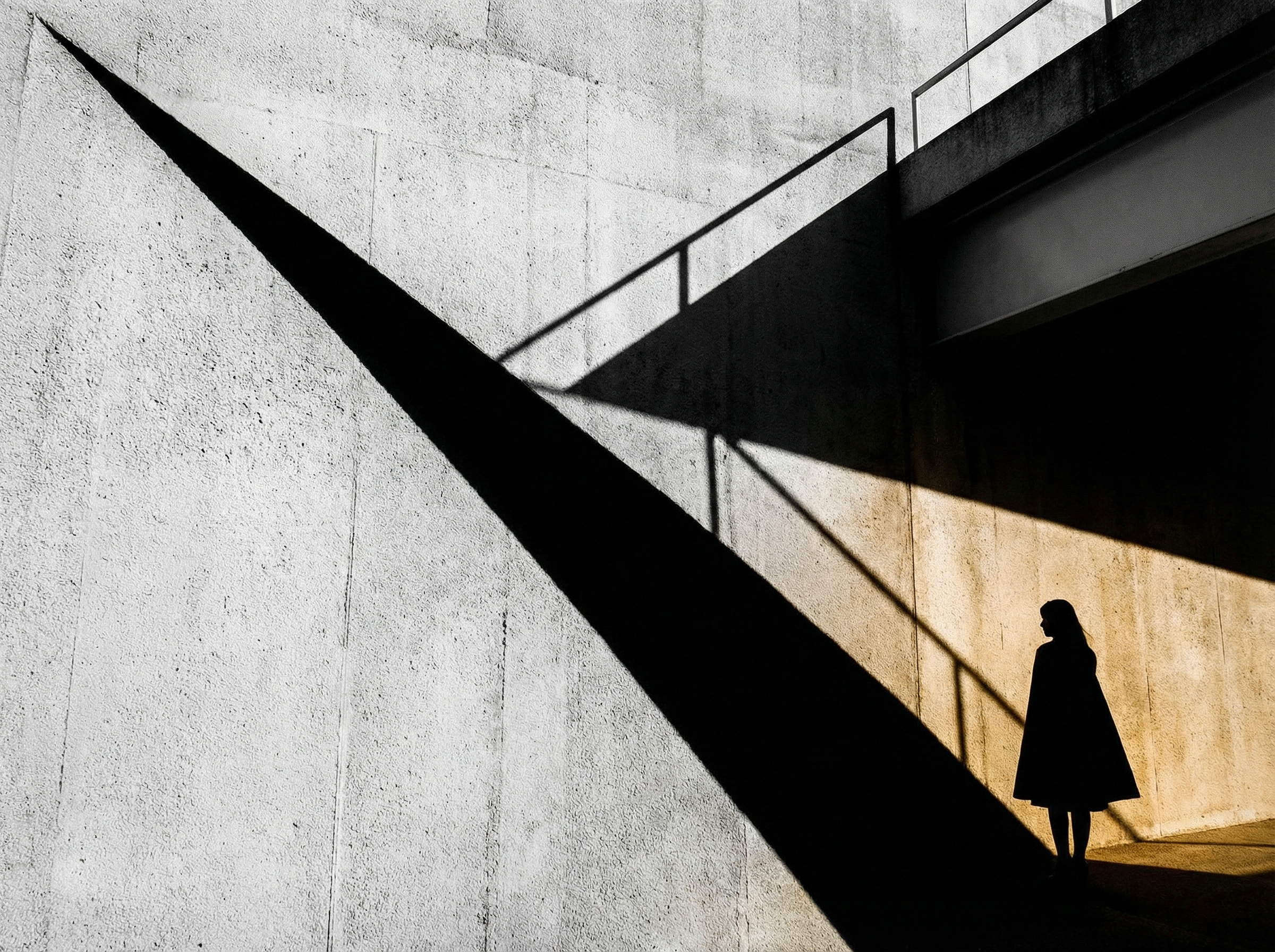A dramatic triangular shadow falls across a wall, a solitary figure at the boundary of light and darkness